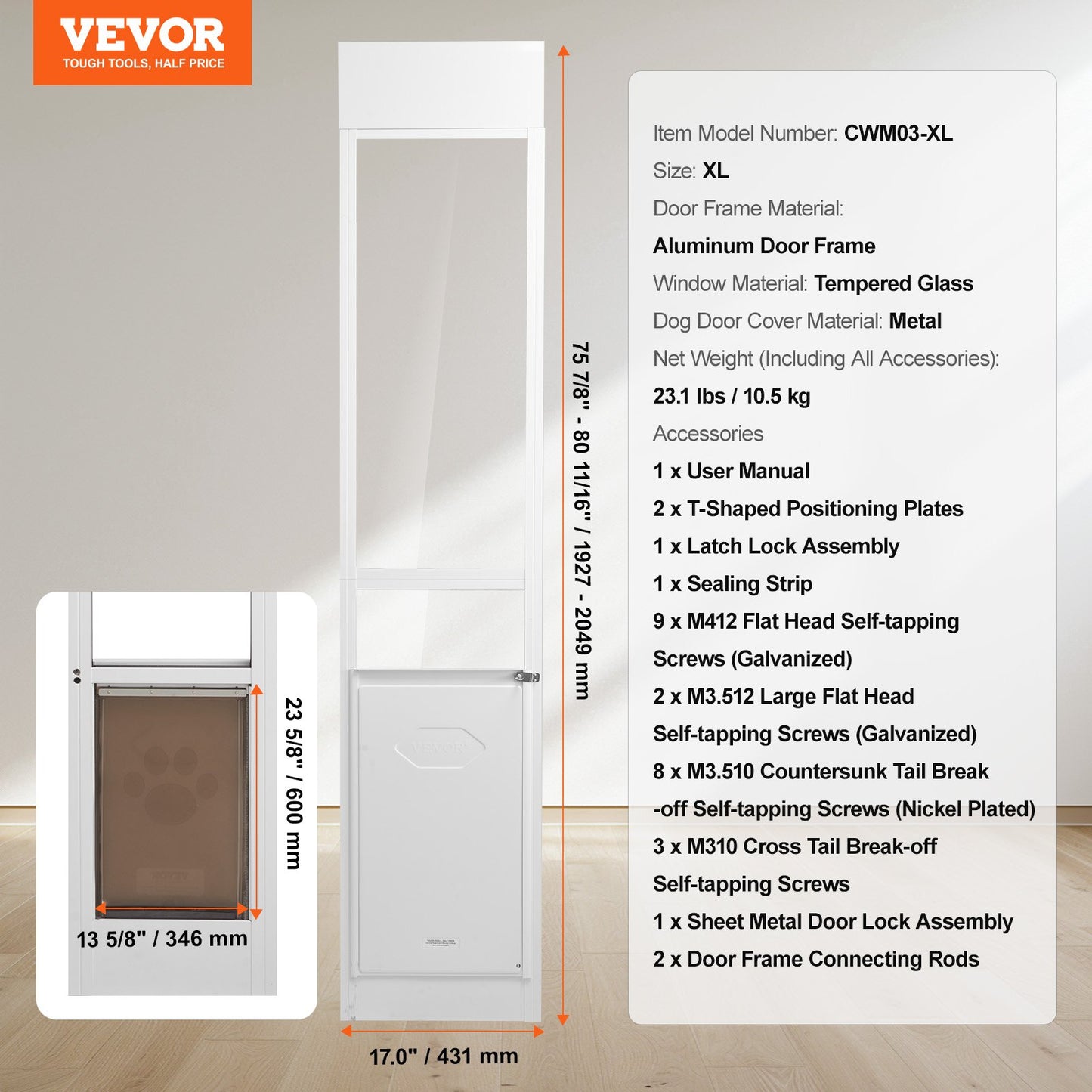 Dog Door for Sliding Glass Door, 75 7/8"-80 11/16" Adjustable Height Doggy Door for Sliding Doors, Aluminum Frame Tempered Glass Pet Door with Hinge Structure Flap and Lock for Large-Sized Dogs