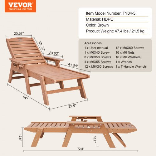 Outdoor-Chaiselongue mit 6 Positionen, Liege-Terrassenbank, braun