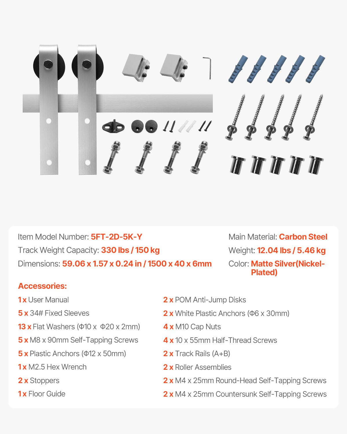 5FT Sliding Barn Door Hardware Kit, 330 LBS Weight Capacity, Compatible with 30 Inches Max Width & 1-3/8 to 1-3/4 Inches Thickness Single Sliding Barn Door, Durable Track & J-shape Roller Silver