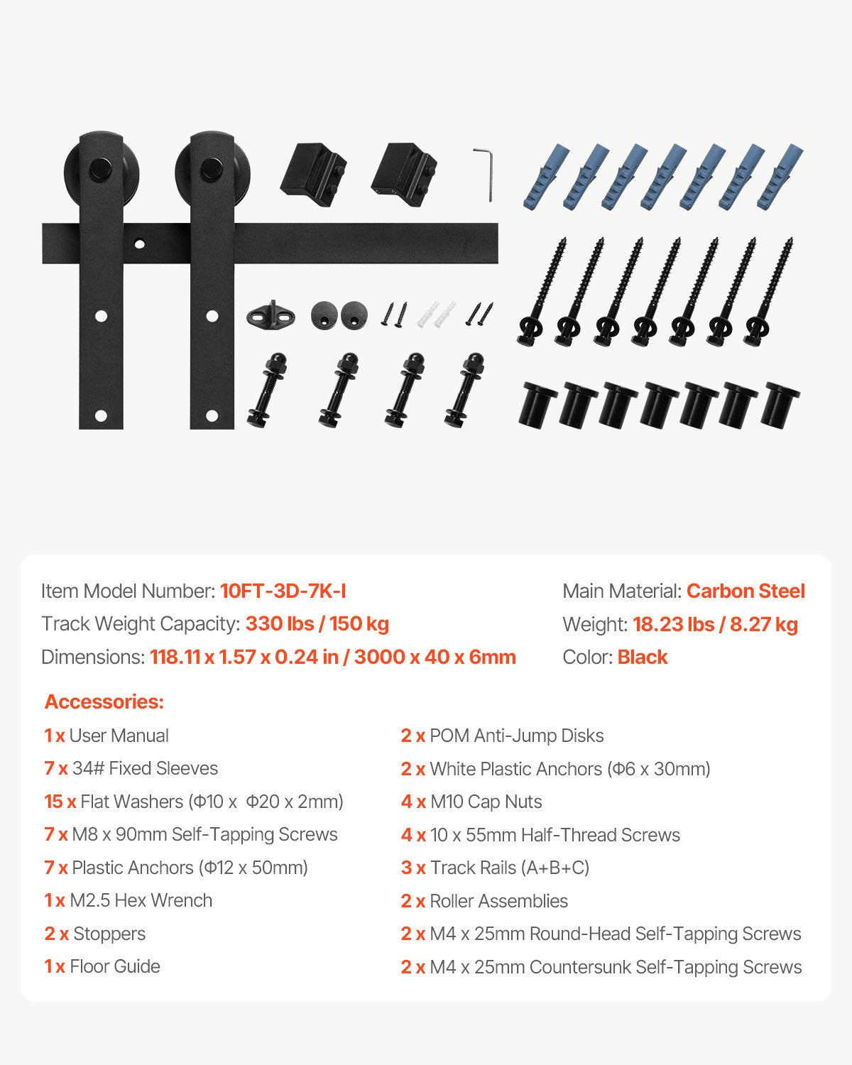 10FT Sliding Barn Door Hardware Kit, 330 LBS Weight Capacity, Compatible with 60 Inches Max Width & 1-3/8 to 1-3/4 Inches Thickness Single Sliding Barn Door, Durable Track & I-shape Roller,Black