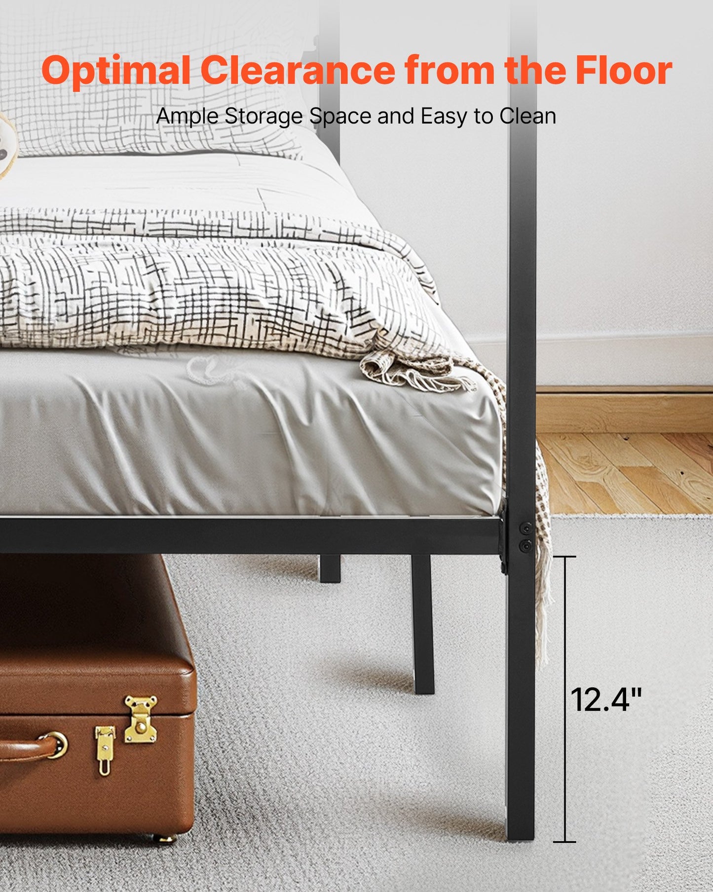 King Size Canopy Bed Frame, Metal Canopy Bed with Charging Station and Four Posters Design, Heavy Duty Steel Slats Support, Underbed Storage Space, No Box Spring Needed, Easy Assembly, Black