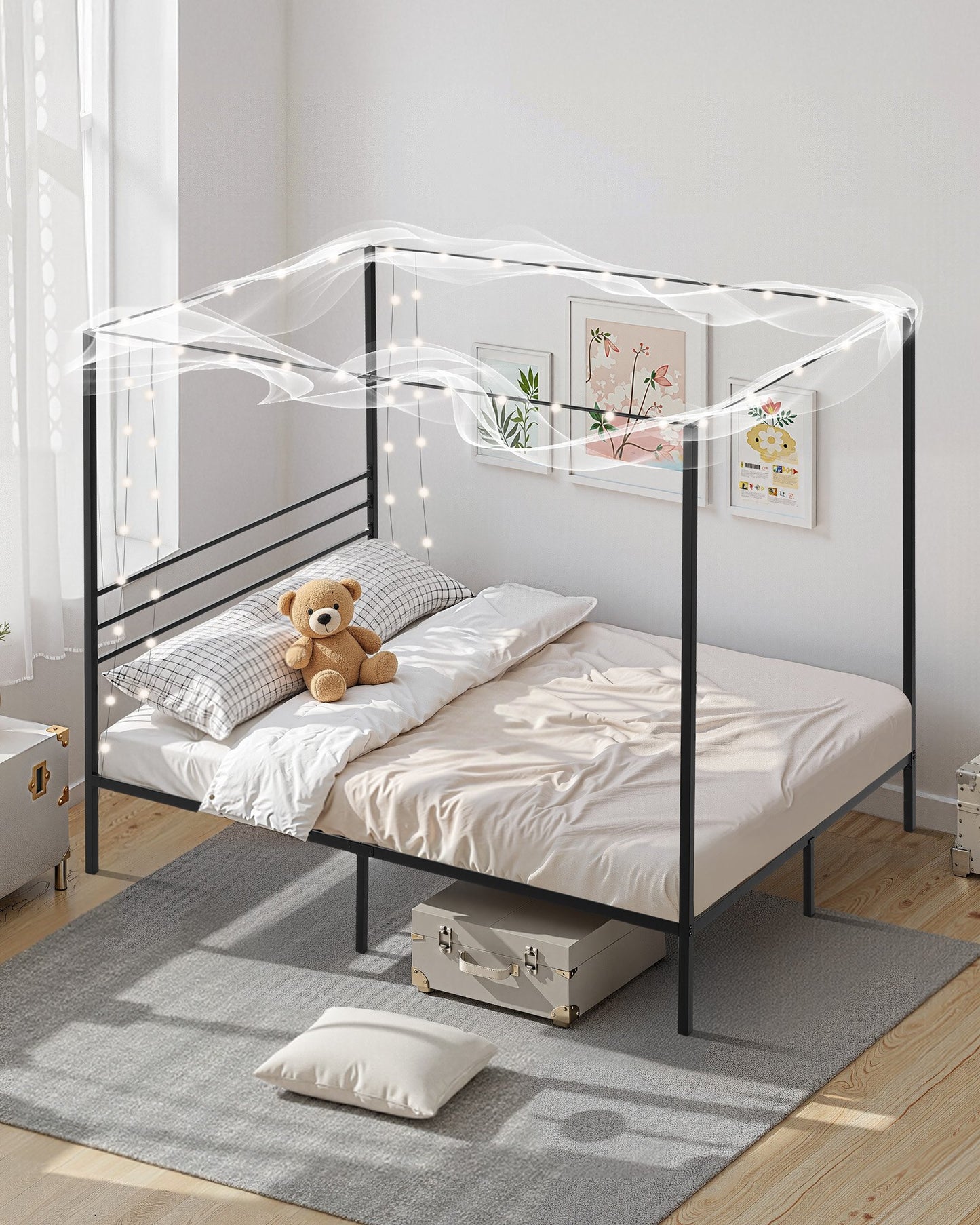 Queen Size Canopy Bed Frame, Metal Canopy Bed with Four Posters Design, Heavy Duty Steel Slats Support, Underbed Storage Space, No Box Spring Needed, Easy Assembly, Black
