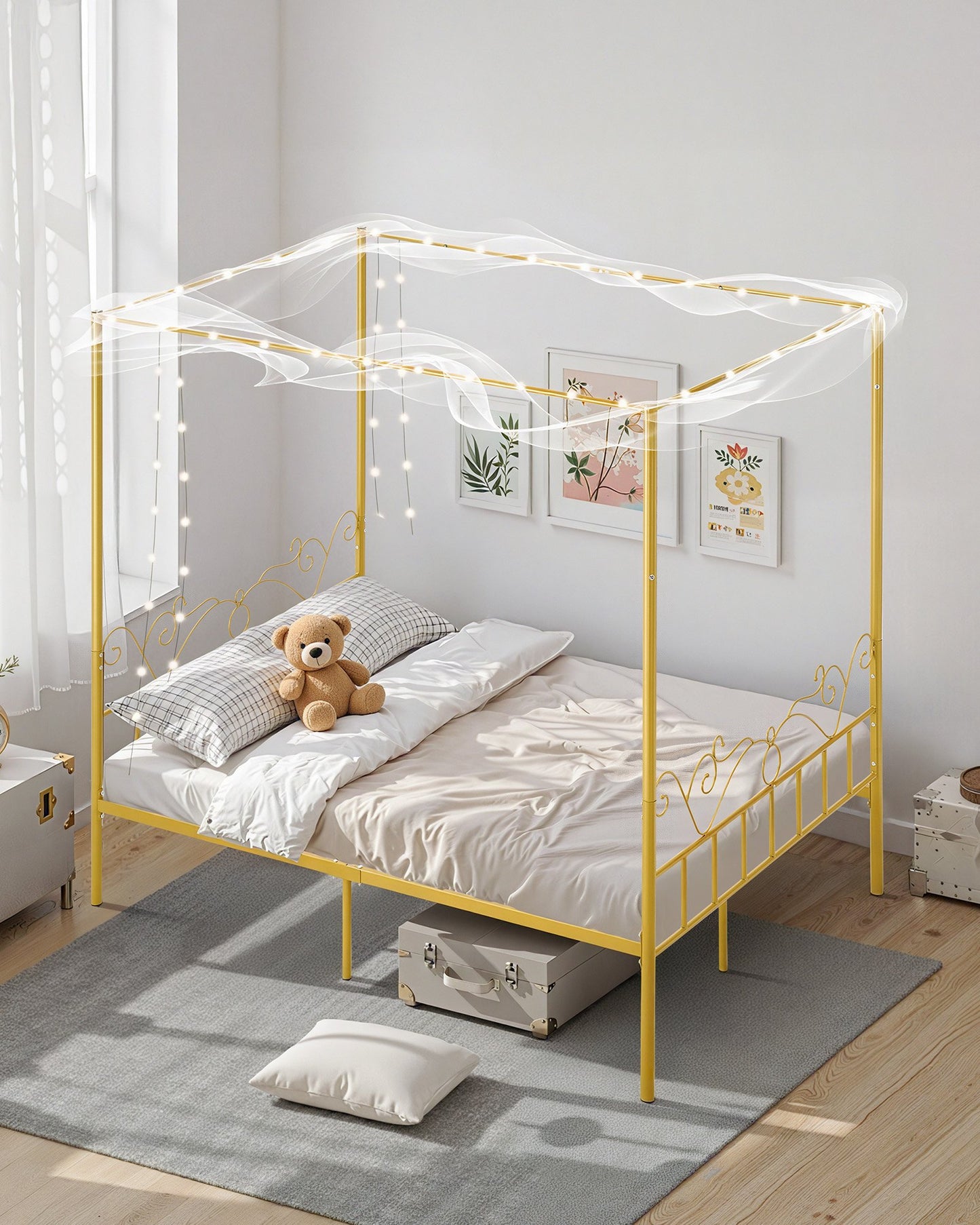 Queen Size Canopy Bed Frame, Metal Canopy Bed with Minimalist Headboard & Four Posters Design, Heavy Duty Steel Slats Support, Underbed Storage Space, No Box Spring Needed, Easy Assembly, Gold