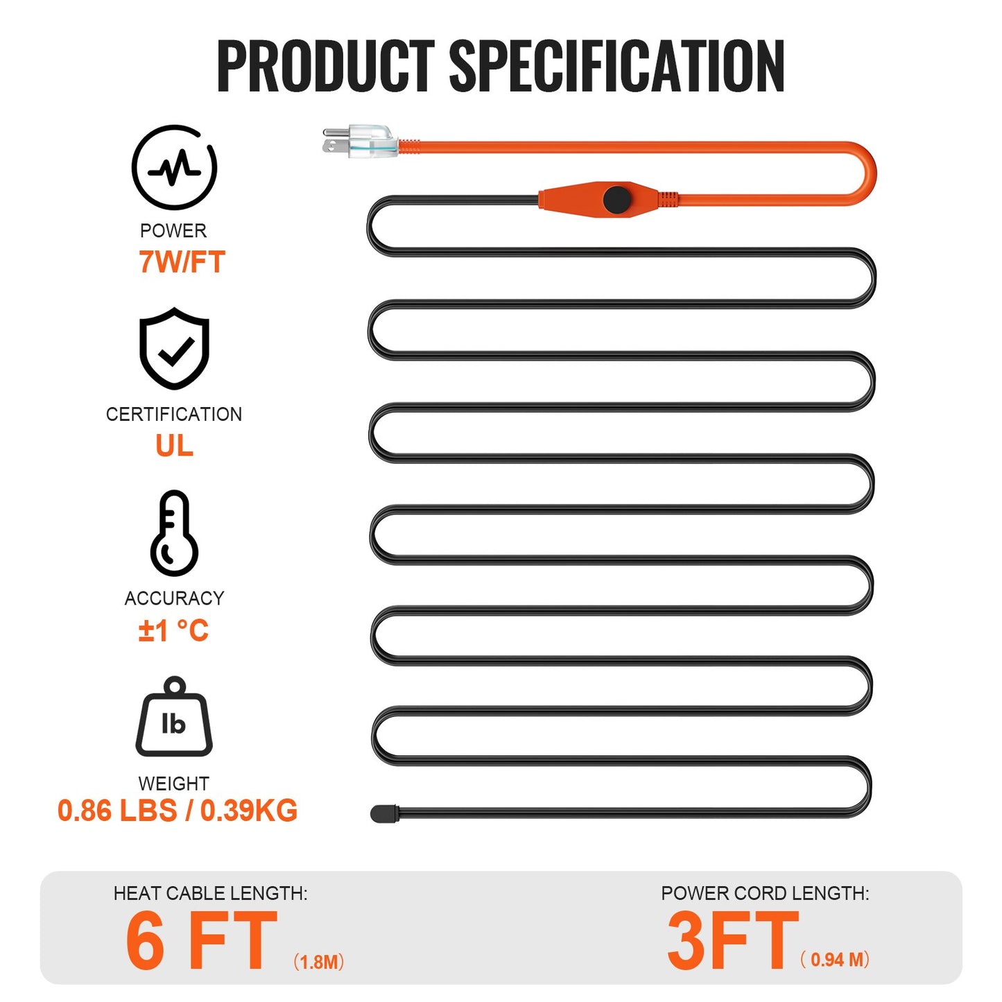 Pipe Heating Cable, 6FT 7W/FT Heat Tape for Pipes with Built-in Thermostat, Water Pipe Heat Cable Protects PVC Hose, Metal and Plastic Pipe from Freezing
