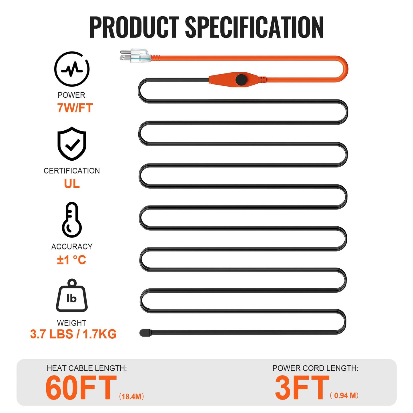 Pipe Heating Cable, 60FT 7W/FT Heat Tape for Pipes with Built-in Thermostat, Water Pipe Heat Cable Protects PVC Hose, Metal and Plastic Pipe from Freezing
