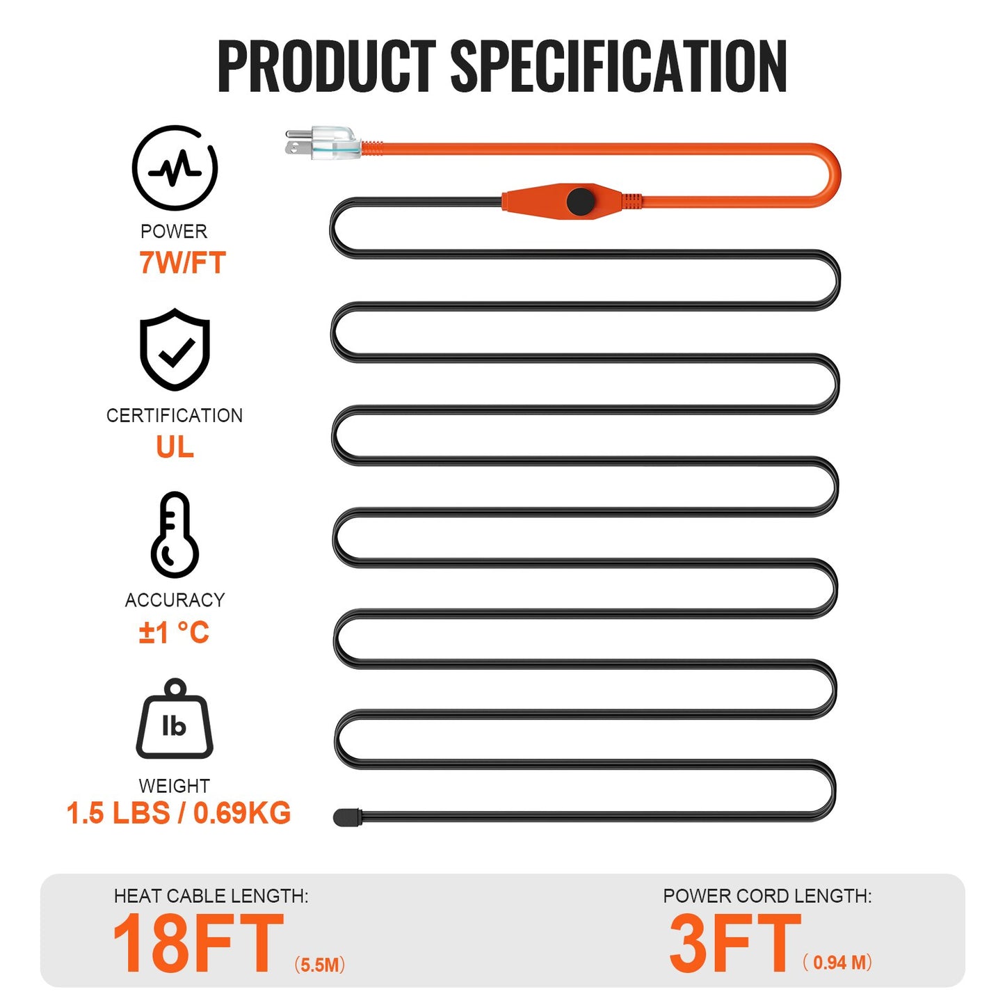 Pipe Heating Cable, 18FT 7W/FT Heat Tape for Pipes with Built-in Thermostat, Water Pipe Heat Cable Protects PVC Hose, Metal and Plastic Pipe from Freezing