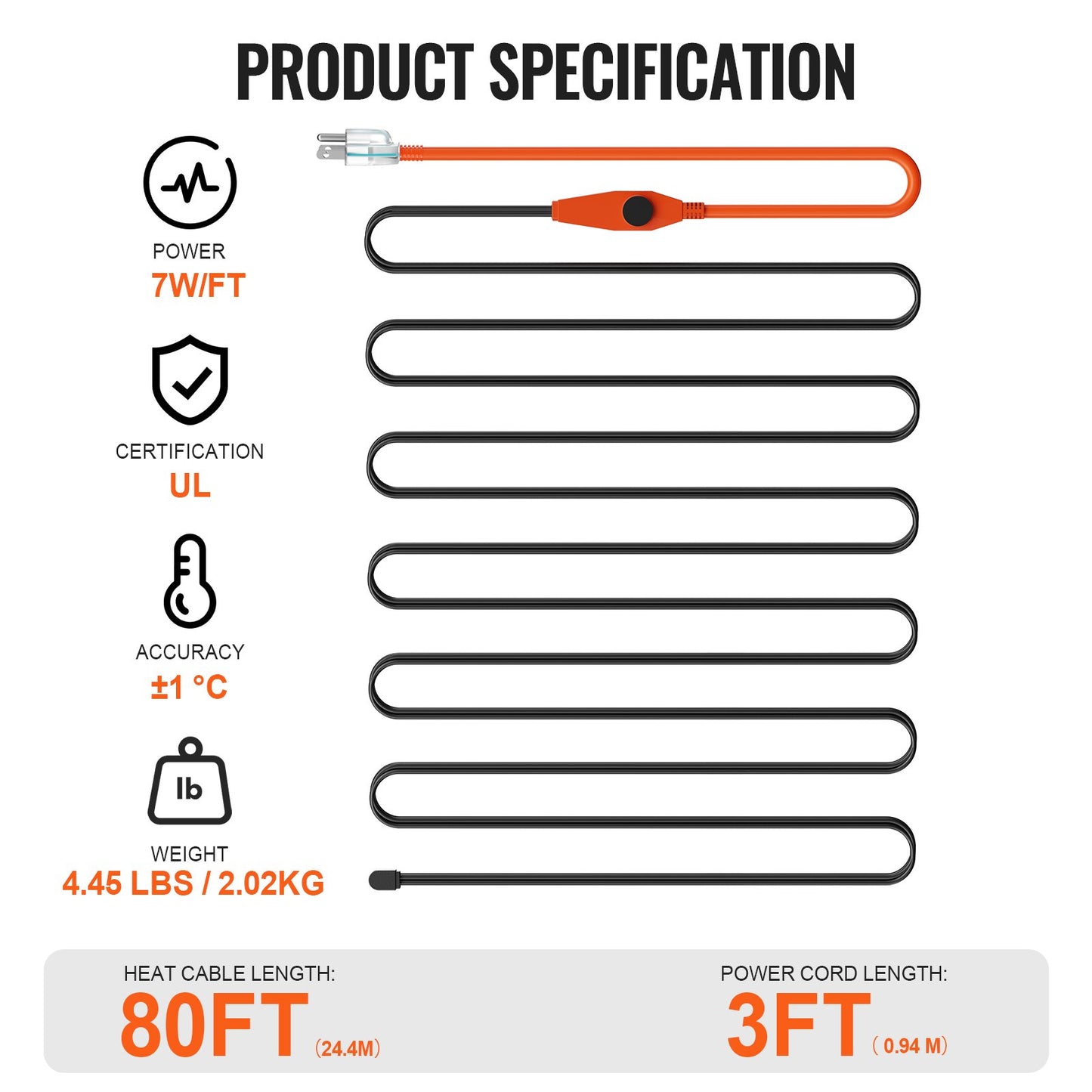 Pipe Heating Cable, 80FT 7W/FT Heat Tape for Pipes with Built-in Thermostat, Water Pipe Heat Cable Protects PVC Hose, Metal and Plastic Pipe from Freezing