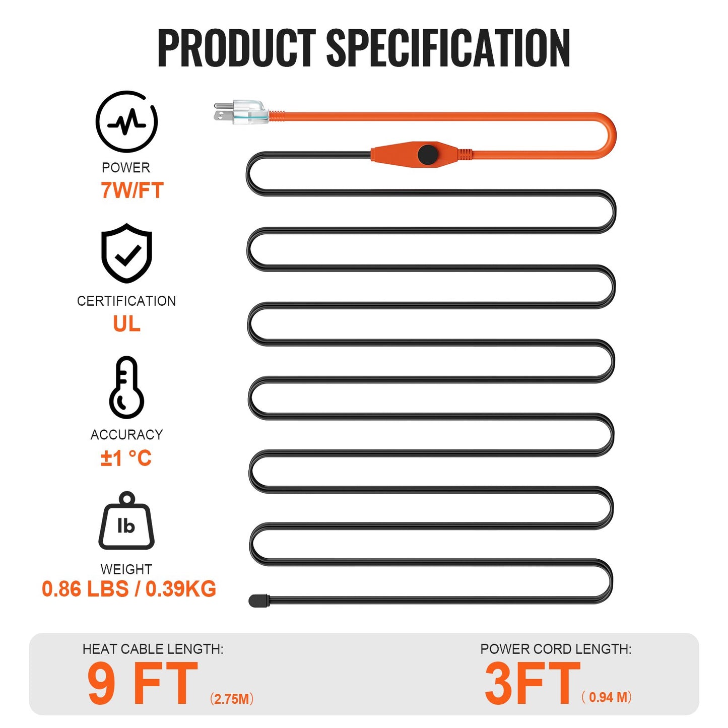 Pipe Heating Cable, 9FT 7W/FT Heat Tape for Pipes with Built-in Thermostat, Water Pipe Heat Cable Protects PVC Hose, Metal and Plastic Pipe from Freezing