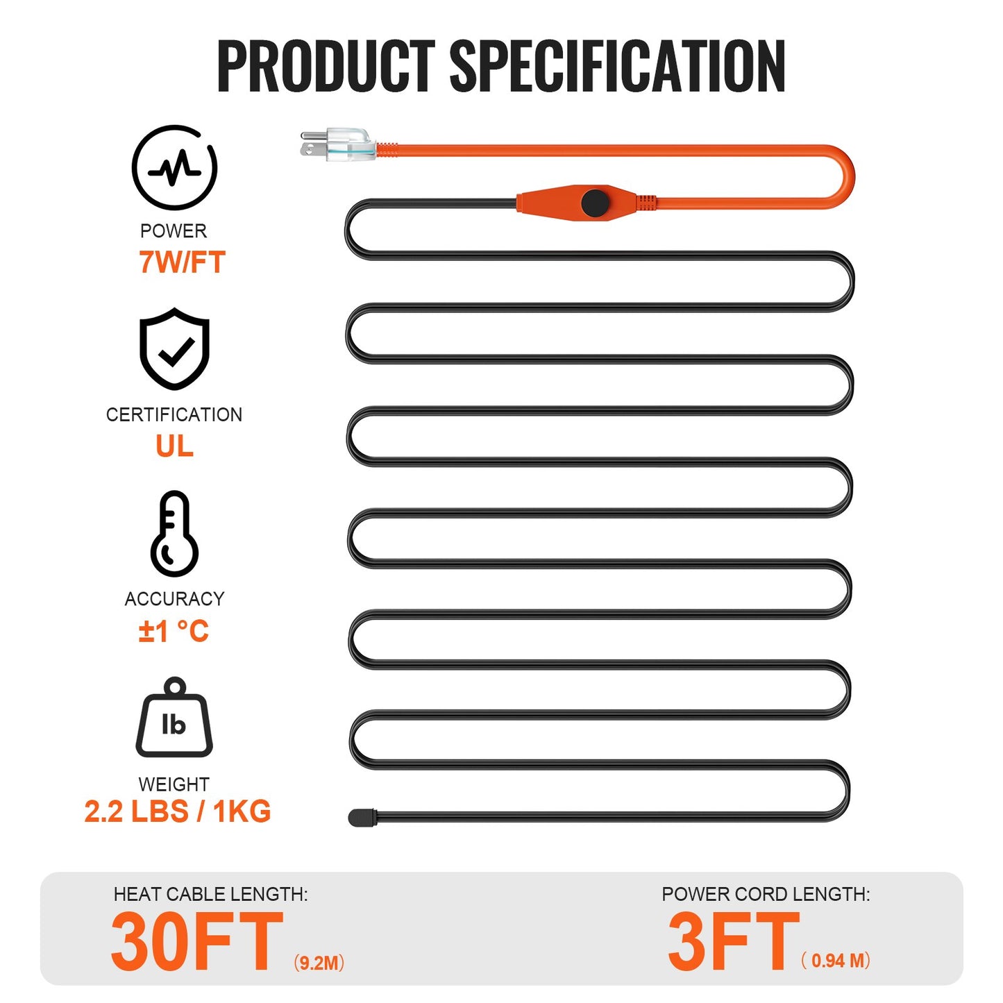 Pipe Heating Cable, 30FT 7W/FT Heat Tape for Pipes with Built-in Thermostat, Water Pipe Heat Cable Protects PVC Hose, Metal and Plastic Pipe from Freezing