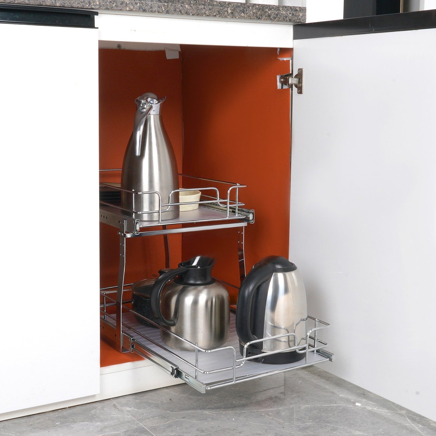 2 Tier 14"Wx21"Dx15"H Pull Out Cabinet Organizer, Heavy Duty Slide Out Pantry Shelves, Steel Roll Out Drawers, Sliding Drawer Storage for Home, 15.5"Wx22"Dx18"H Install Size for Cabinet