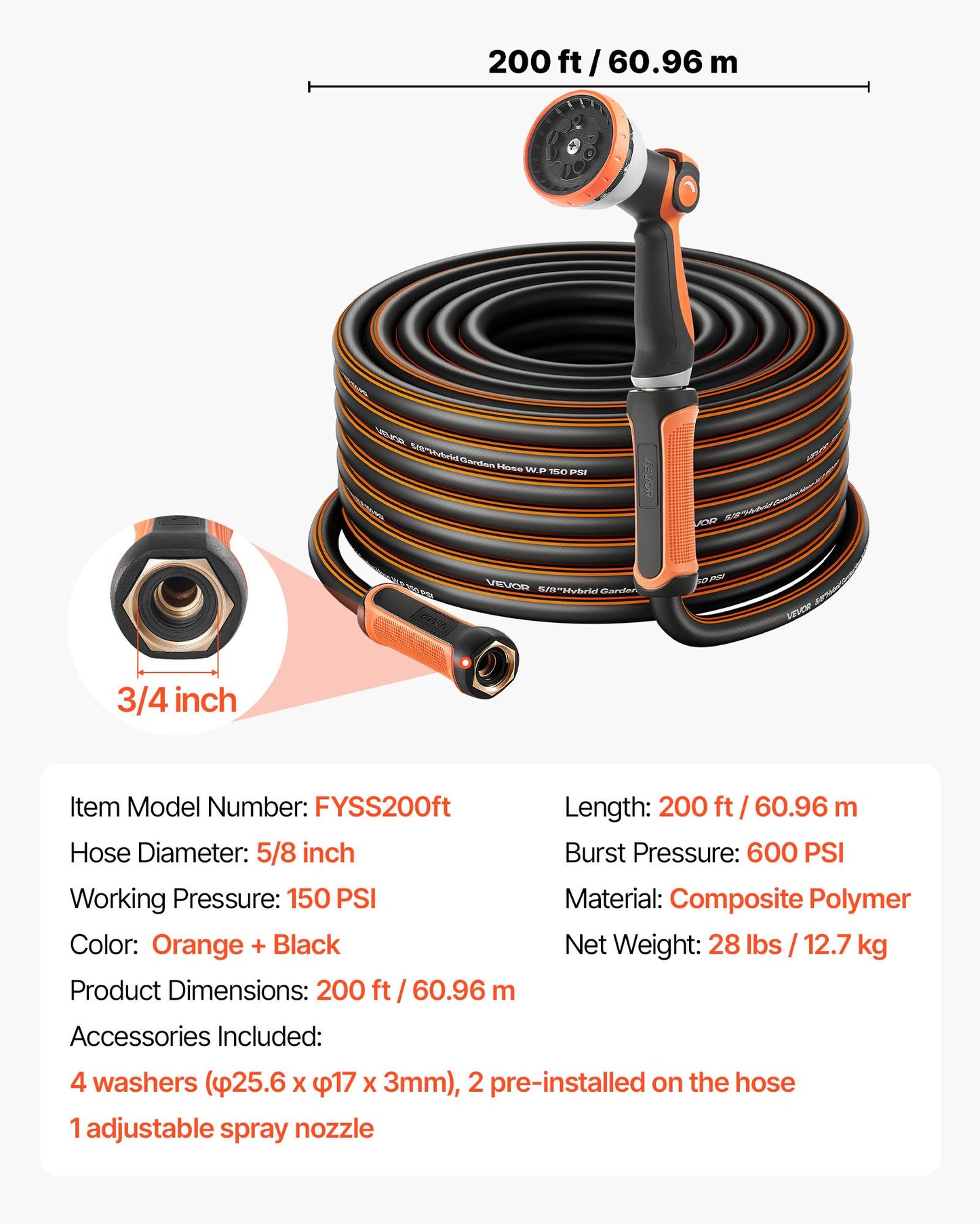 Garden Hose, 200 ft 5/8" Heavy Duty Rubber Water Hose with 10 Mode Nozzle, 150PSI Working & 600PSI Burst, Flexible & Non-kink Outdoor Waterhose with 3/4" Fitting, Lightweight Hoses for Gardening