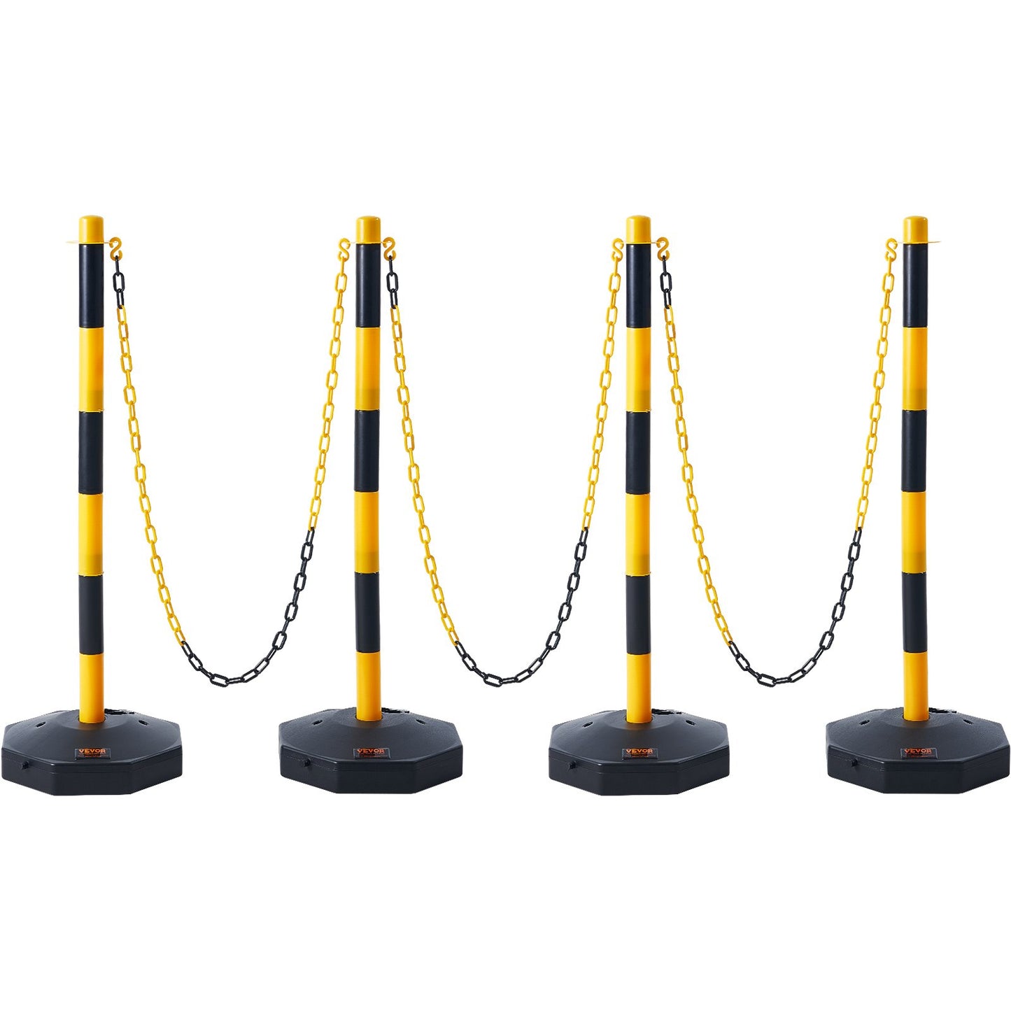 Adjustable Traffic Delineator Post Cones, 4-Pack, Traffic Safety Delineator Barrier with Fillable Base 8FT Chain, for Traffic Control Warning Parking Lot Construction Warning Roads, Yellow&Black