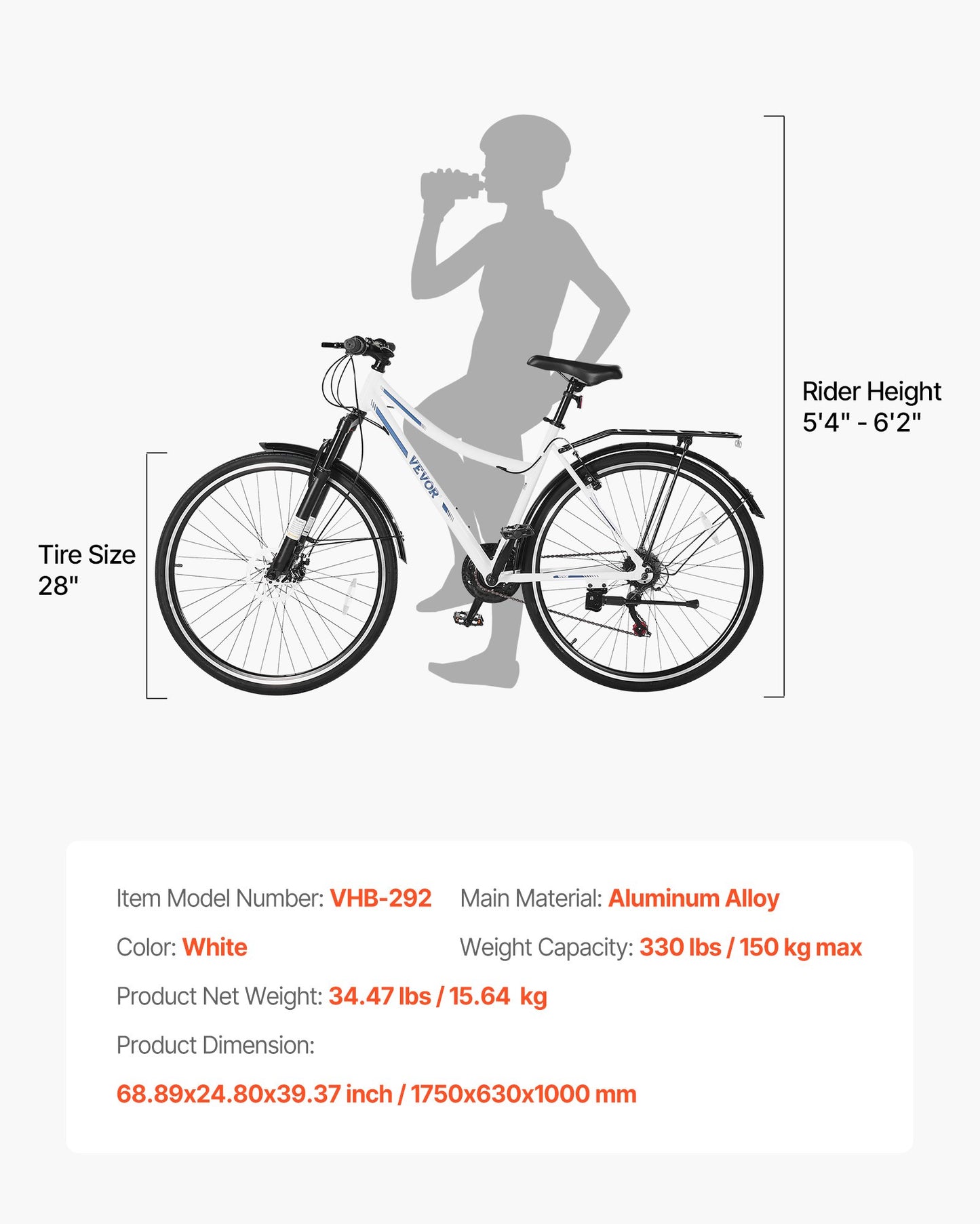 Hybrid Bike, Lightweight Aluminum Frame Bike, 700c Wheel Men and Women Hybrid Bicycle, Step-Through Adult Urban City Commuter Bikes, 21-Speed Shimano Drivetrain, Dual Brakes, Front Suspension