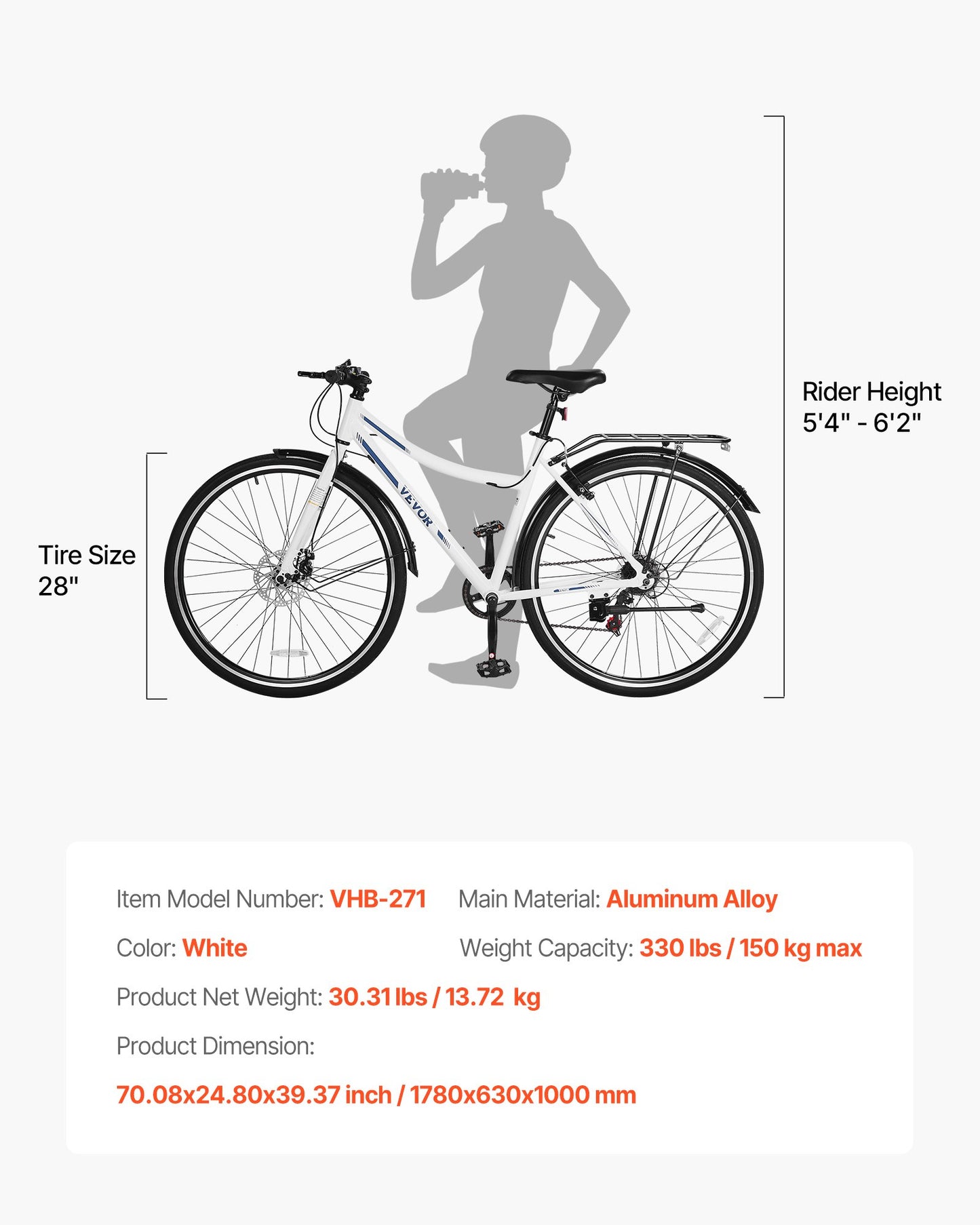 Hybrid Bike, Lightweight Aluminum Frame Bike, 700c Wheel Men and Women Hybrid Bicycle, Step-Through Adult Urban City Commuter Bikes with 7-Speed Shimano Drivetrain, Dual Brake, Adjustable Seat