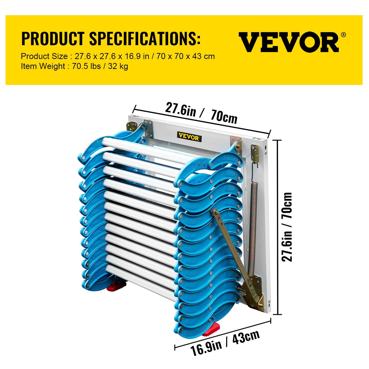 Attic Steps Pull Down 12 Steps Attic Stairs, Alloy Attic Access Ladder, Blue Pulldown Attic Stairs, Wall-mounted Folding Stairs for Attic, Retractable Attic Ladder with Armrests, 9.8 feet Height