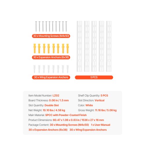 hyllskena 60 tum 5-pack justerbar stålväggmonterad hylla pilaster