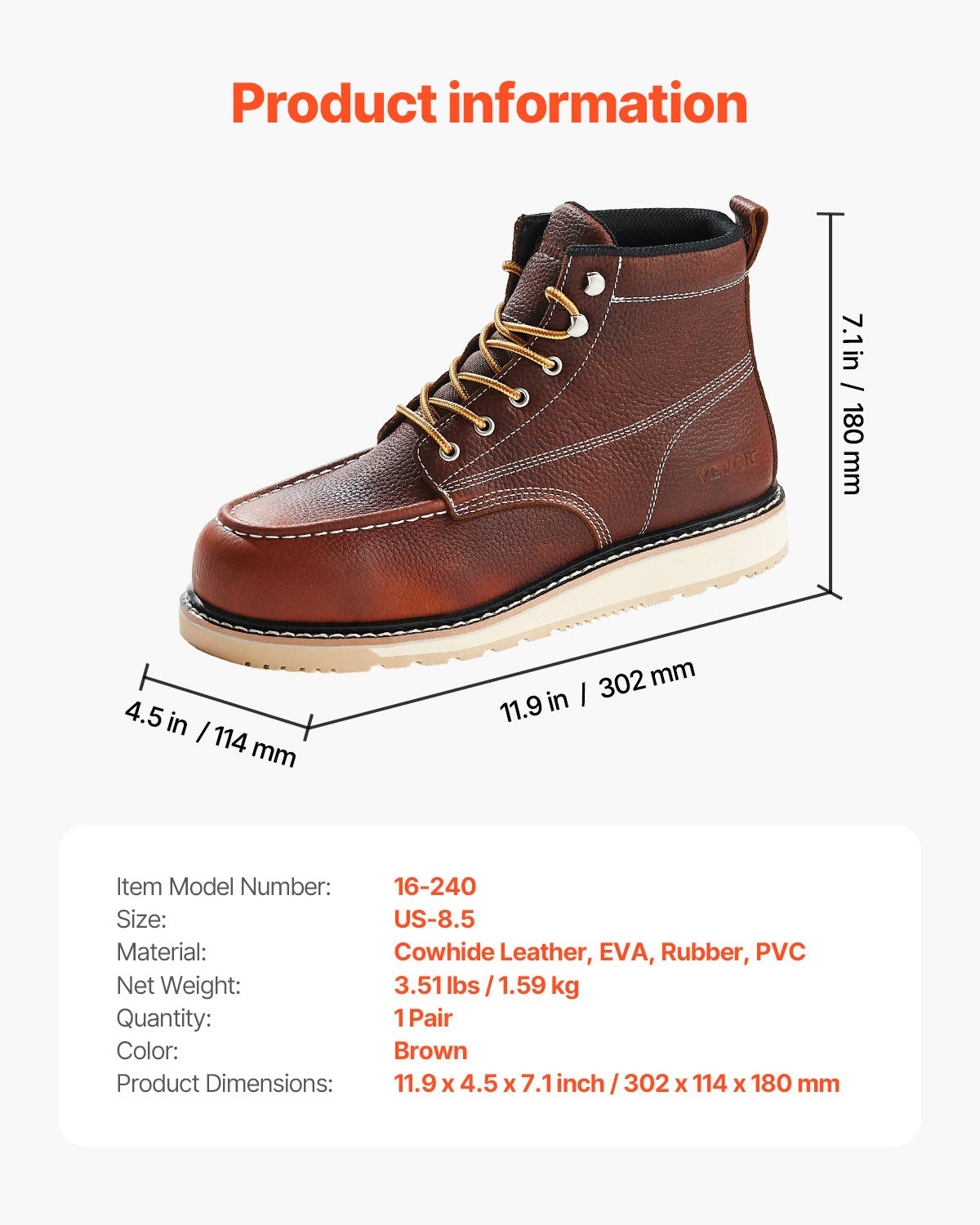 Steel Toe Work Boots, US Size 8.5, Waterproof Moc Toe Work Boots for Men, Slip-Resistant Work Boot, Lightweight and Breathable EVA Rubber Sole Mens Boots for Industry Construction, Brown