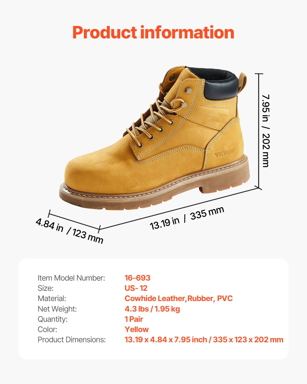 Steel Toe Work Boots, US Size 12, Waterproof Work Boots for Men, Slip-Resistant Work Boot, Lightweight and Breathable Rubber Sole Mens Boots for Industry Construction, Brown Yellow