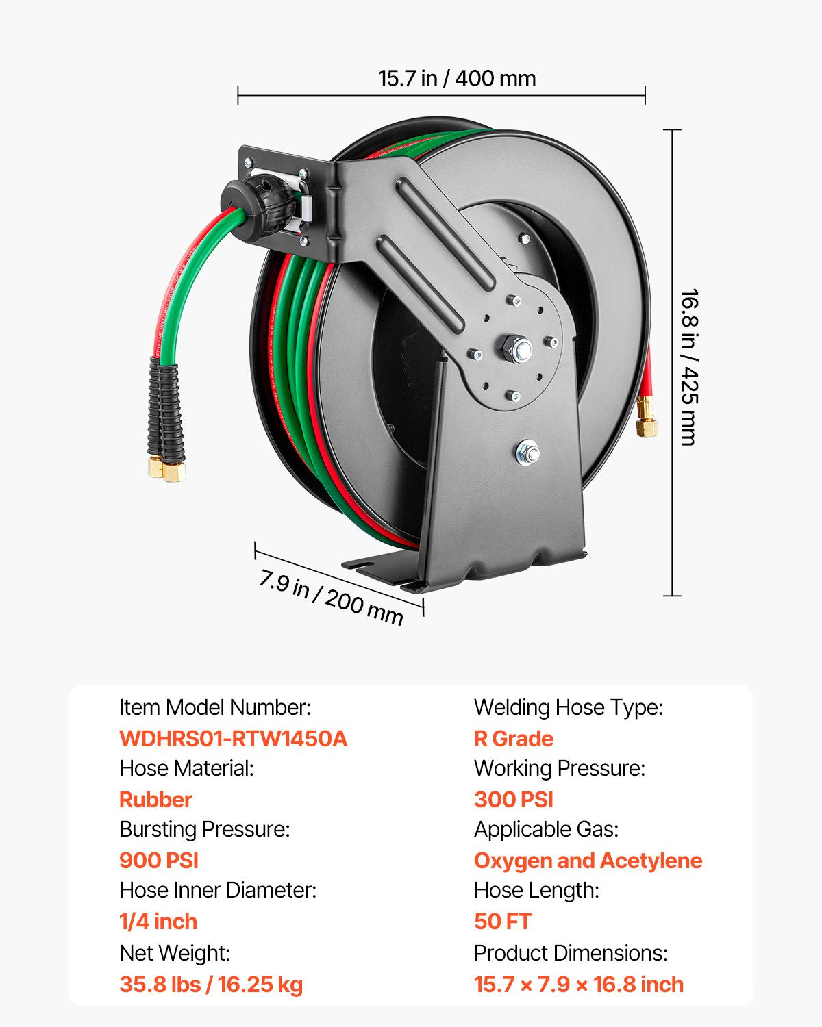 Retractable Welding Hose Reel, 1/4-Inch x 50FT Twin Oxygen Acetylene Rubber Hose Max 300PSI - R Grade, Ceiling/Wall Mount Heavy Duty Steel Hose Reel Auto-Rewind, Ideal for Workshops Garages