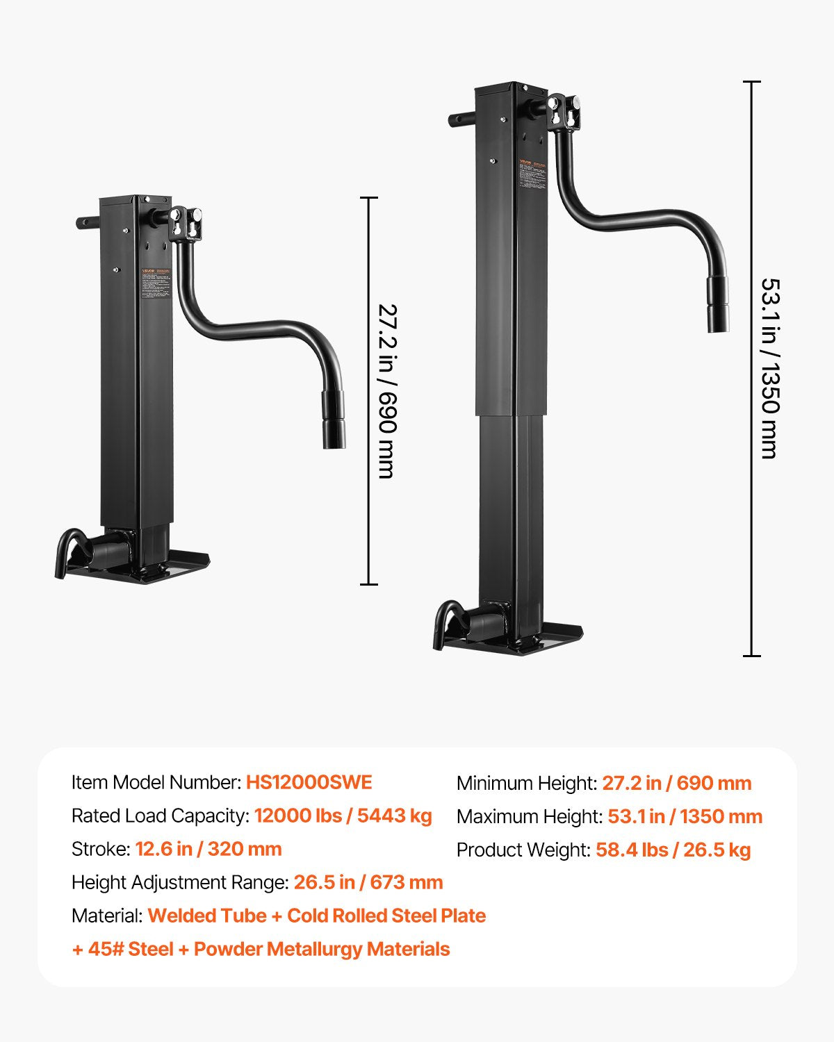 Trailer Jack, 12000 lbs Dynamic Load Capacity, Weld-on Pipe-Mount Swivel Trailer Jack with Ergonomic Handle, 12.6-inch Vertical Travel, Suitable for RV, Horse, Utility, Camping, Yacht Trailers