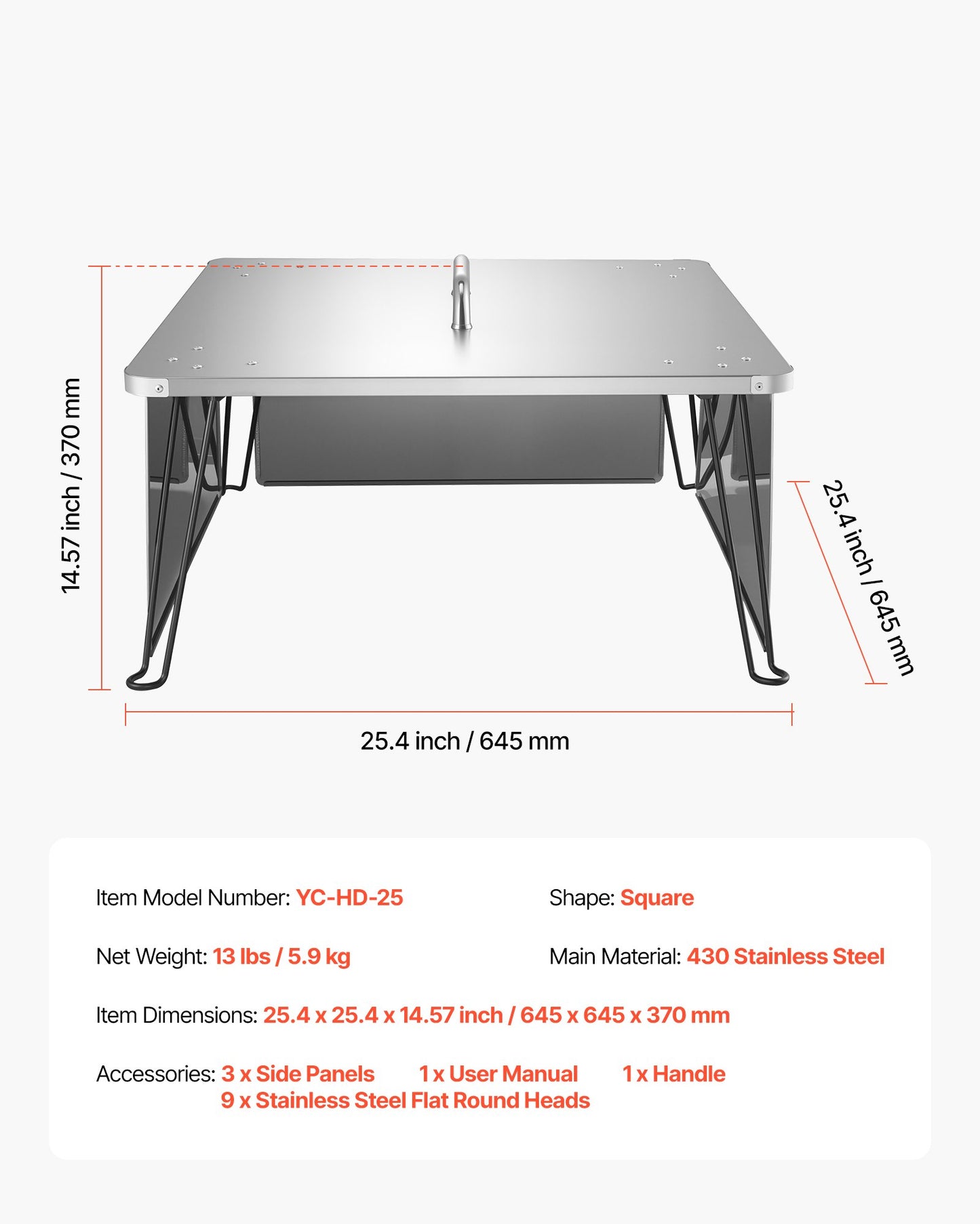 Fire Pit Heat Deflector, 25.4x25.4x14.6 inch Square Outdoor Burner Cover, Stainless Steel Bonfire Camping Wood Burning, Push Heat Down and Out with 4 Foldable Legs & Carrying Handle