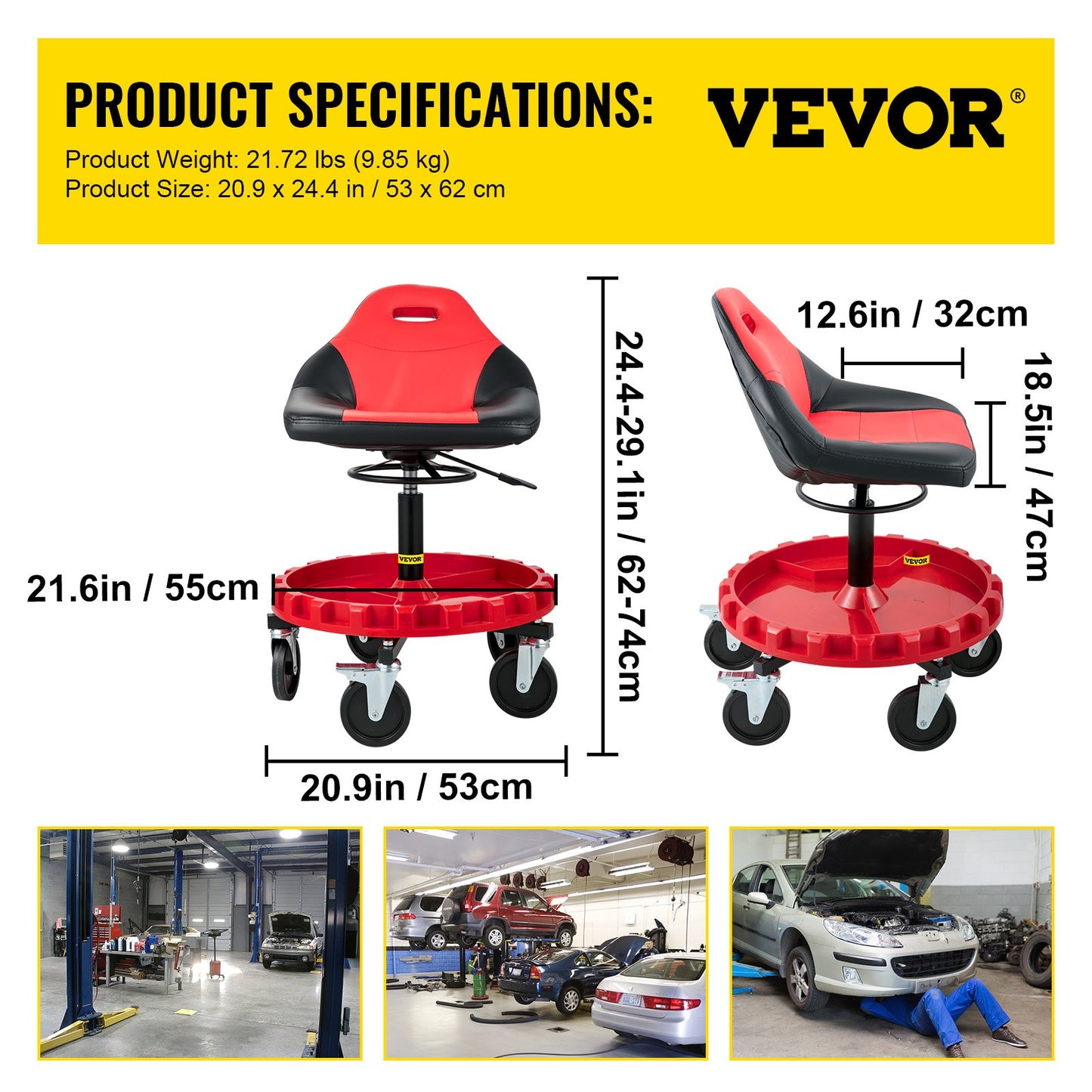 Rolling Gear Seat, 300LBS Capacity, 18"-23" Height Adjustable, Mobile Mechanic Garage Stool with Tool Tray and 5" Casters, Pneumatic Stool for Workshop, Garage, Auto Repair Shop