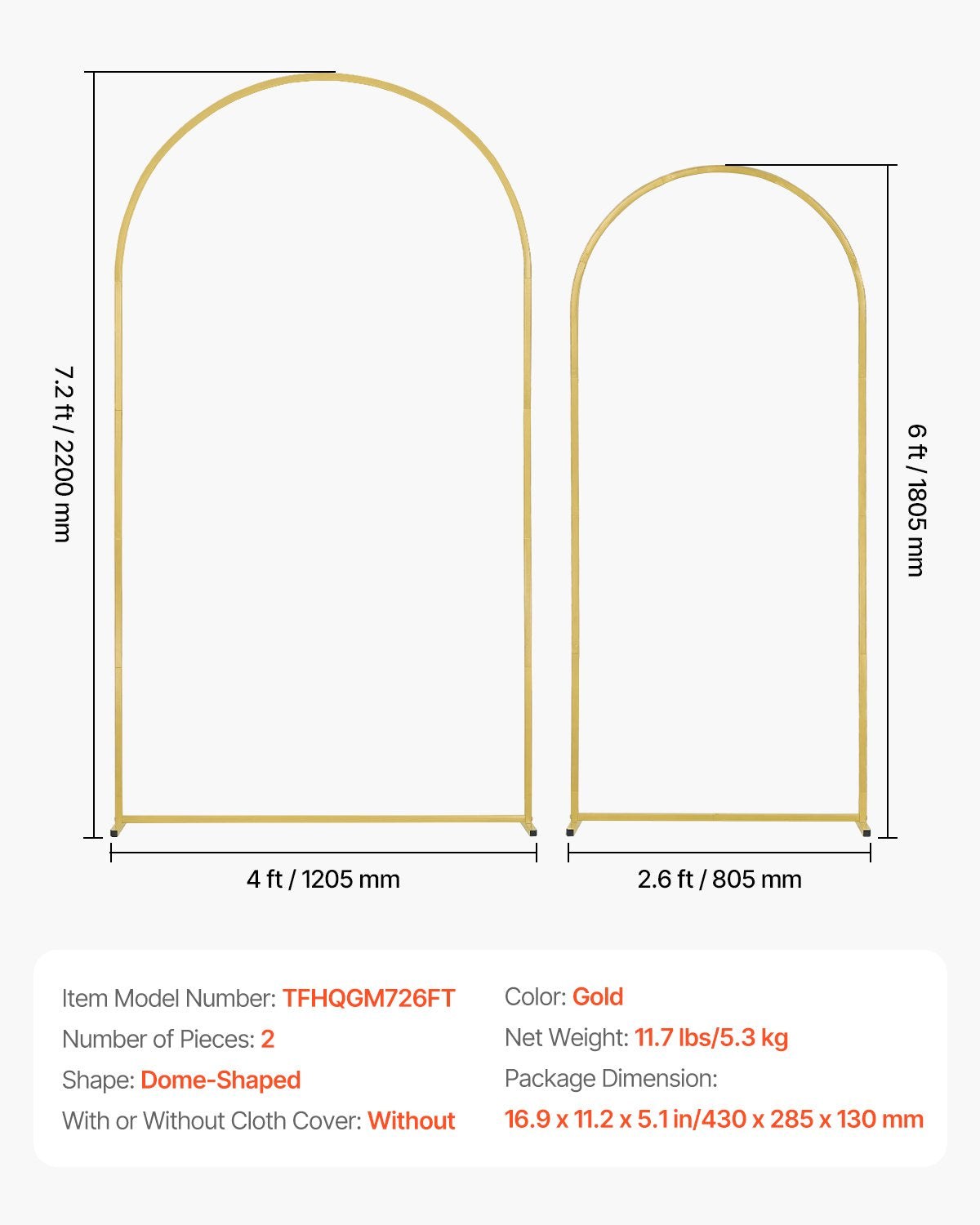 Wedding Arch Backdrop Stand, 7.2FT & 6FT, Set of 2 Stand with Case Connection & Chassis Crossbar Design, Easy-to-Assemble Gold Stand with Premium Metal, Fit for Birthday, Celebration, Holiday