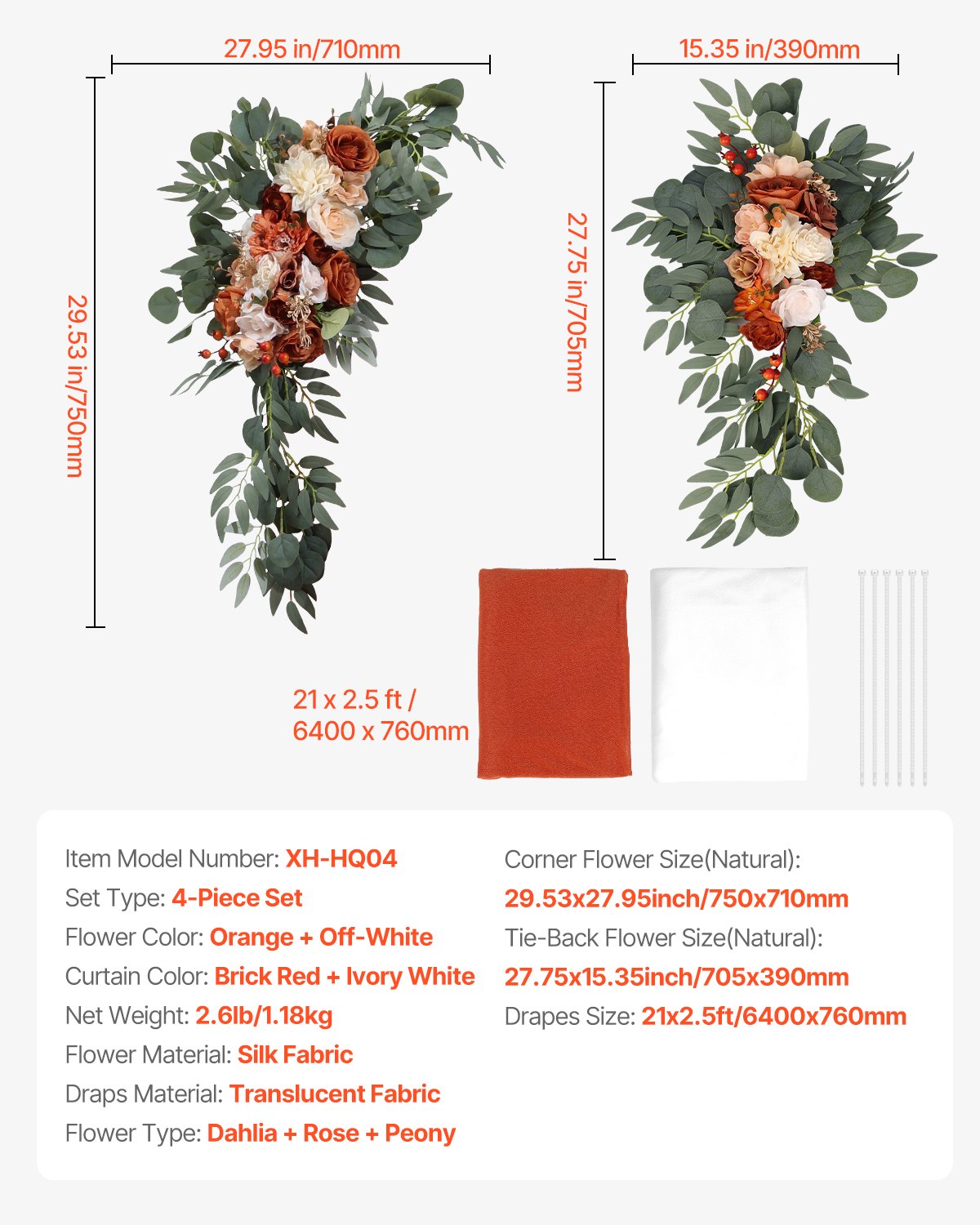 Artificial Wedding Arch Flowers Kit, Orange Wedding Arch Flowers with Drapes Kit (Pack of 4) - 2 Pcs Floral Arrangement, 2 Pcs Sheer Drapes, for Ceremony Bouquets Reception Backdrop Decoration