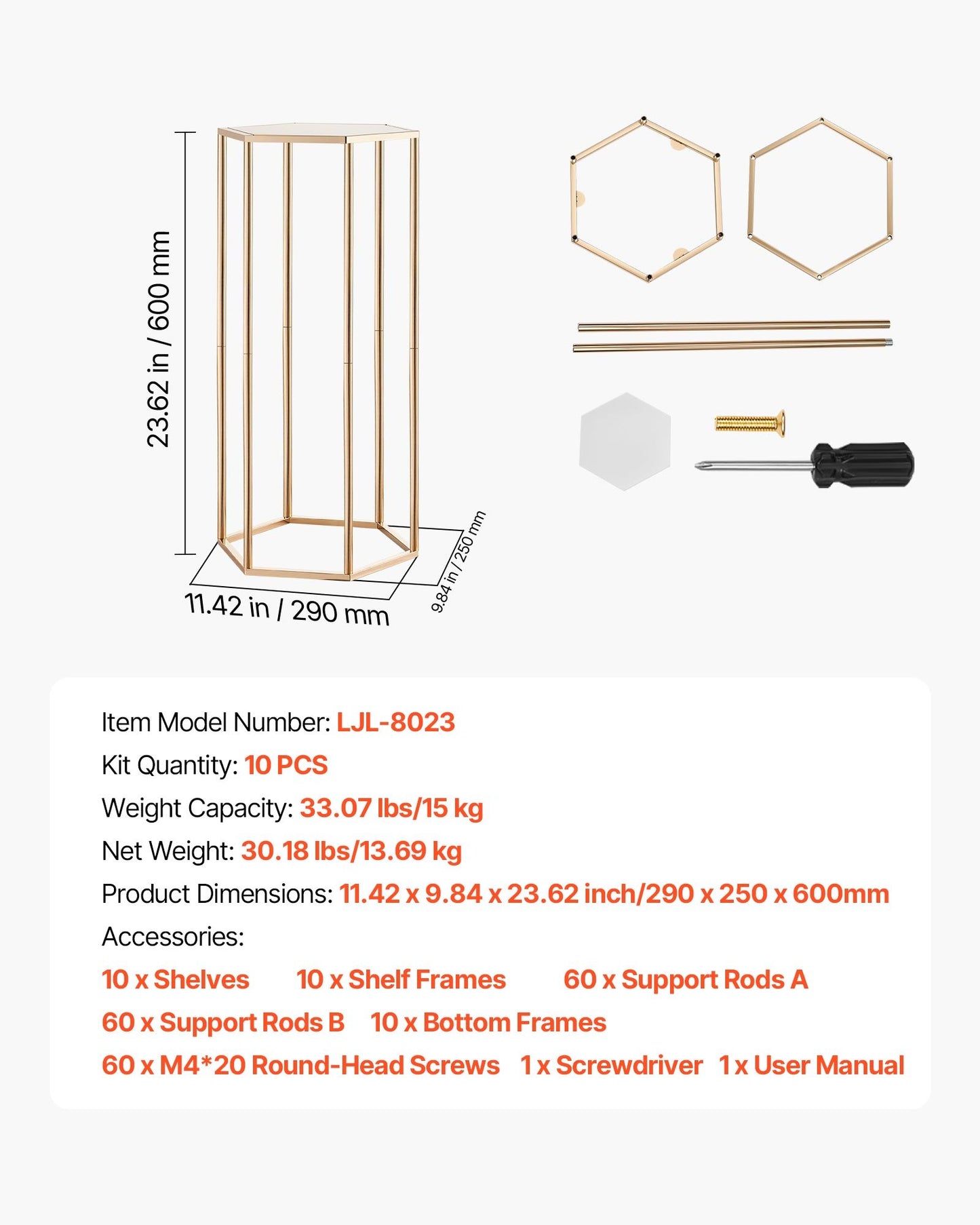 Wedding Flower Stand, 10PCS 23.62-inch Column Flower Stand, Floral Stands with Acrylic Laminate, Hexagonal Cubic Floral Display Rack for Wedding, Party, Birthday, Home, Gold Centerpiece Stands