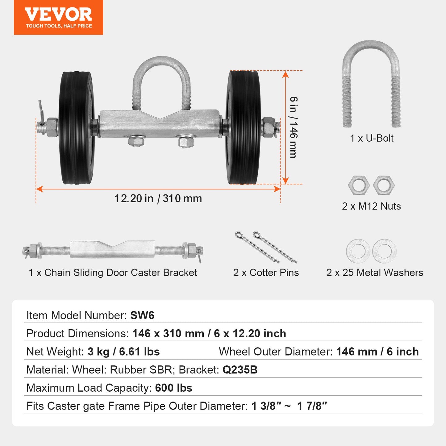 Sliding Gate Kit, 6” Rolling Gate Hardware Kit, Universal Sliding Gate Rollers Track Wheels, Heavy Duty Sliding Gate Guide Roller for Sliding Gates and Rolling Door,600 lbs Max. Load,Black
