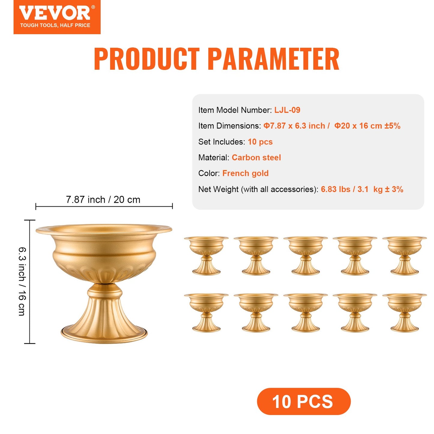 10PCS 16cm/6.3” Tall Wedding Flower Vase, Metal Wedding Centerpiece, Gold Floral Arrangement Stand Display Rack for Tables Wedding Dinner Party, Anniversary Ceremony Birthday Event Decor