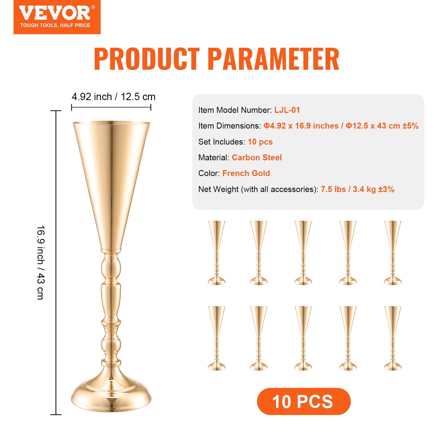 10PCS 43cm/16.9” Tall Wedding Flower Vase, Metal Wedding Trumpet Centerpiece, Gold Floral Stand Display Rack for Tables Wedding Dinner Party, Anniversary Ceremony Birthday Event Decor