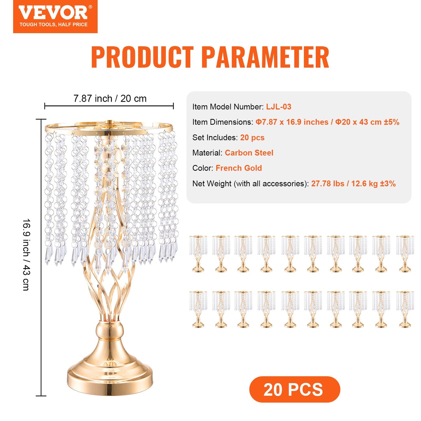 20PCS 43cm/16.9” Tall Crystal Wedding Flower Stand, Metal Wedding Centerpiece Vase, Gold Flower Holders Floral Display Rack for Tables Wedding Dinner Party, Ceremony Birthday Event Decor