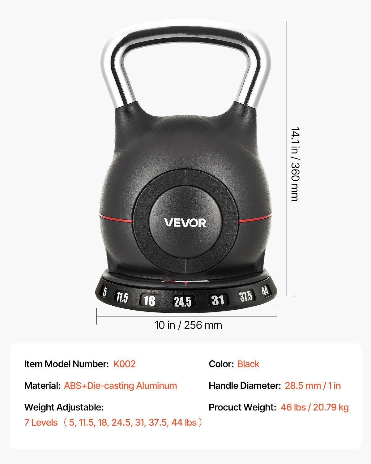 Kettlebell, Adjustable Kettlebell with 7 Weight Levels (5, 11.5, 18, 24.5, 31, 37.5, 44 lbs), Die-Cast Aluminum and ABS Material, for Grip Strength Training, Full-body Workout & Cross-Training