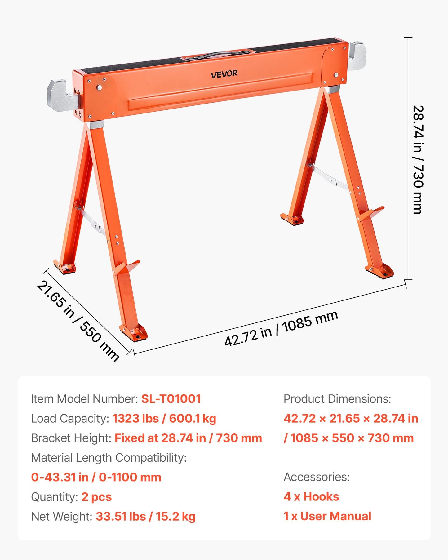 Saw Horses, 2 Pack Folding Work Horses, 1323 lbs Load Capacity Sawhorse with Heavy Duty Legs, All-Metal Portable Saw Horse with Non-Slip Foot Pads, for Woodworking, Carpenters & Contractors