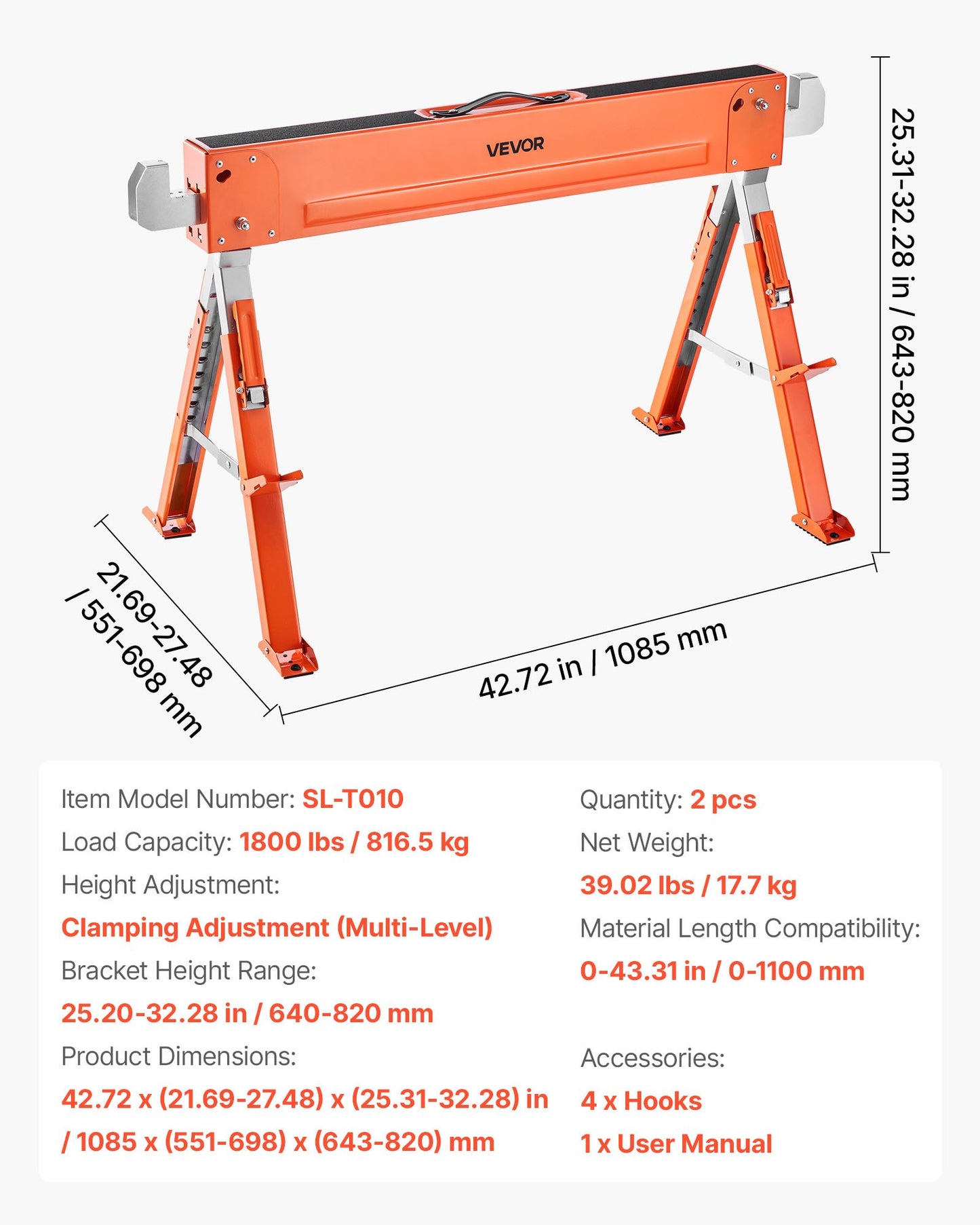 Saw Horses, 2 Pack Folding Work Horses, 1800 lbs Load Capacity Sawhorse with Heavy Duty Legs, Adjustable Height Saw Horse with Non-Slip Foot Pads, for Woodworking, Carpenters & Contractors