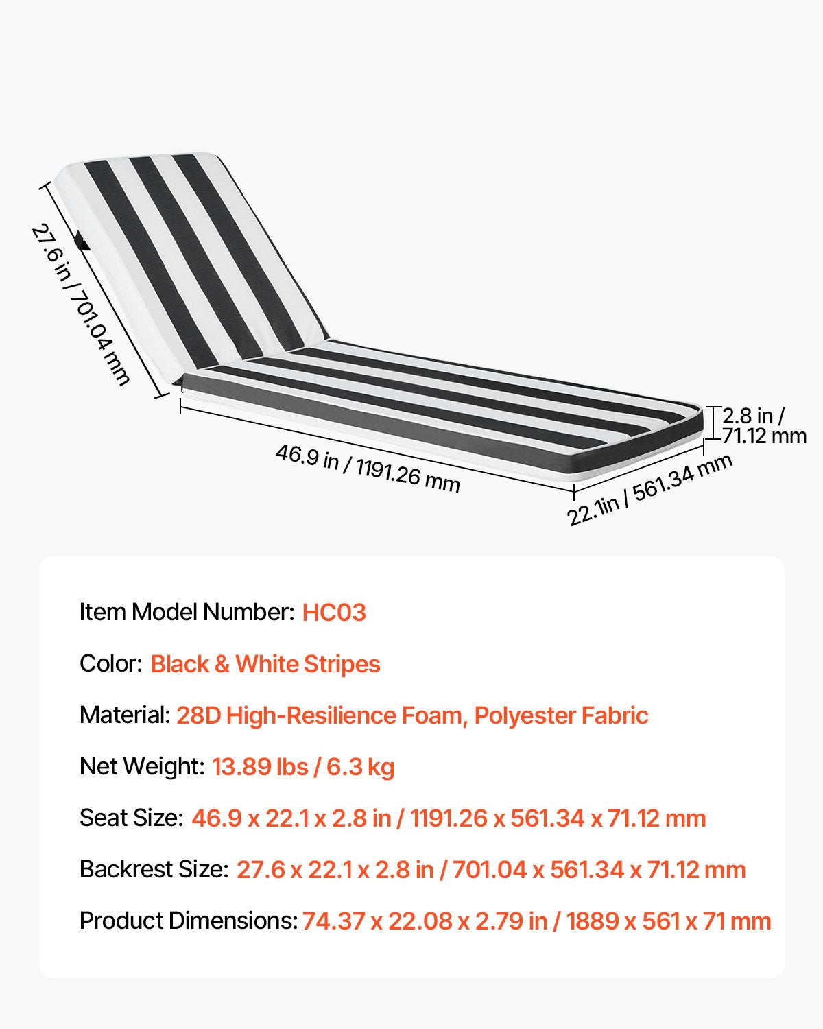 Chaise Lounge Cushion, 74 x 22 x 3 in, Set of 2 Outdoor Lounge Chair Cushions, Waterproof & Fade-Resistant Sun Lounger Cushions with Ties, Patio Lounger Pads for Pool Deck, Black & White Stripes