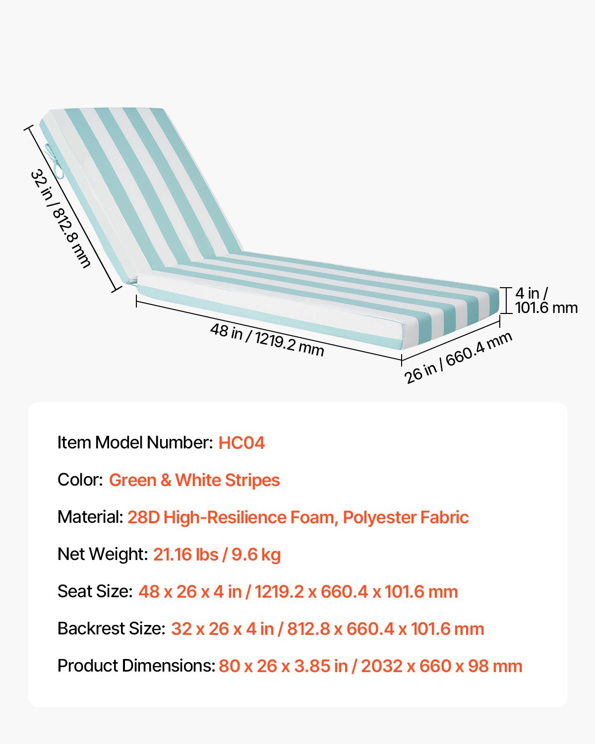 Chaise Lounge Cushion, 80 x 26 x 4 in, Set of 2 Outdoor Lounge Chair Cushions, Waterproof & Fade-Resistant Sun Lounger Cushions with Ties, Patio Lounger Pads for Pool Deck, Green & White Stripes