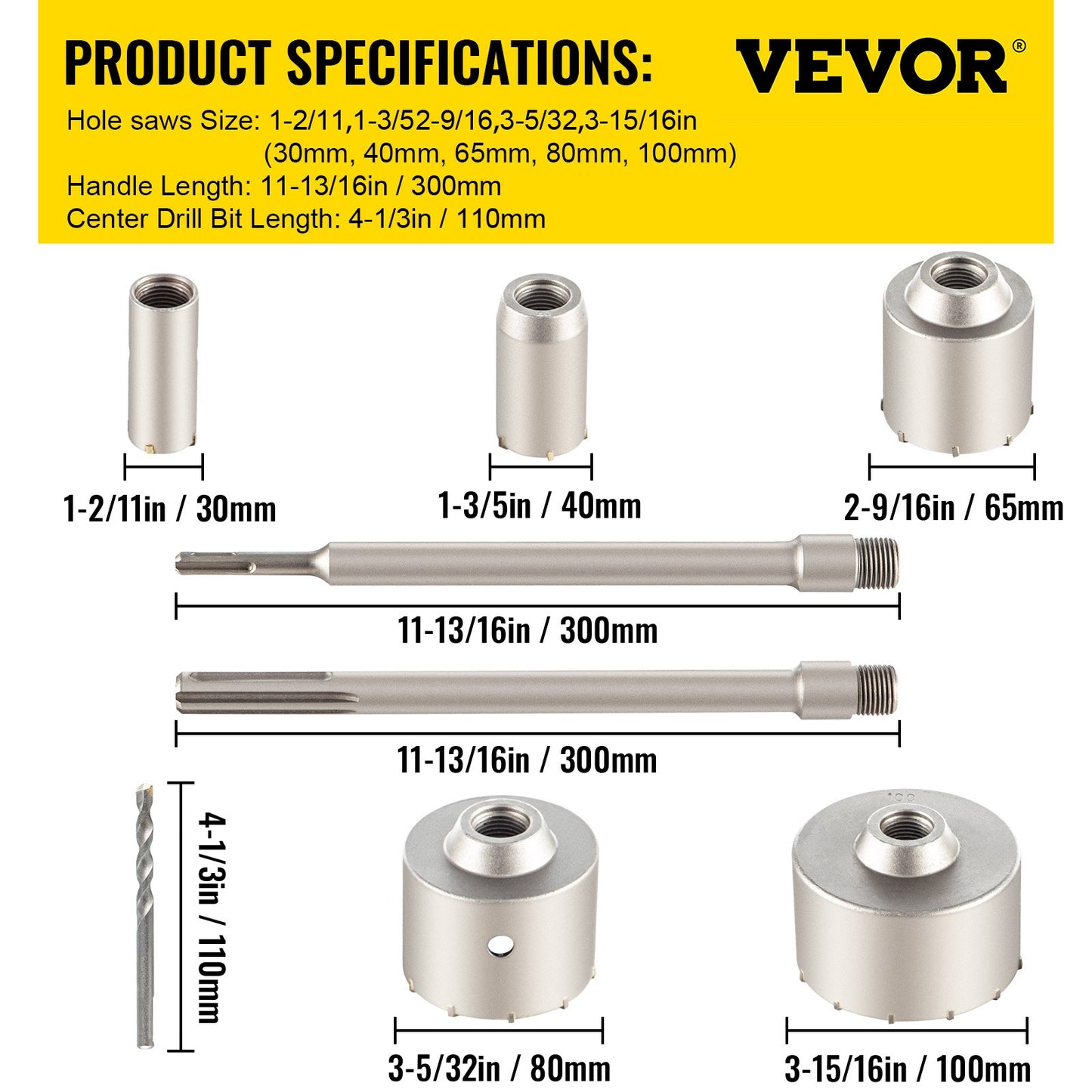 Concrete Hole Saw Kit, 1-2/11\", 1-3/5\", 2-9/16\", 3-5/32\", 3-15/16\" Drill Bit Set SDS Plus & SDS MAX Shank Wall Hole Cutter with a 4-1/3\" Connecting Rod for Concrete, Cement, Stone Wall, Ma