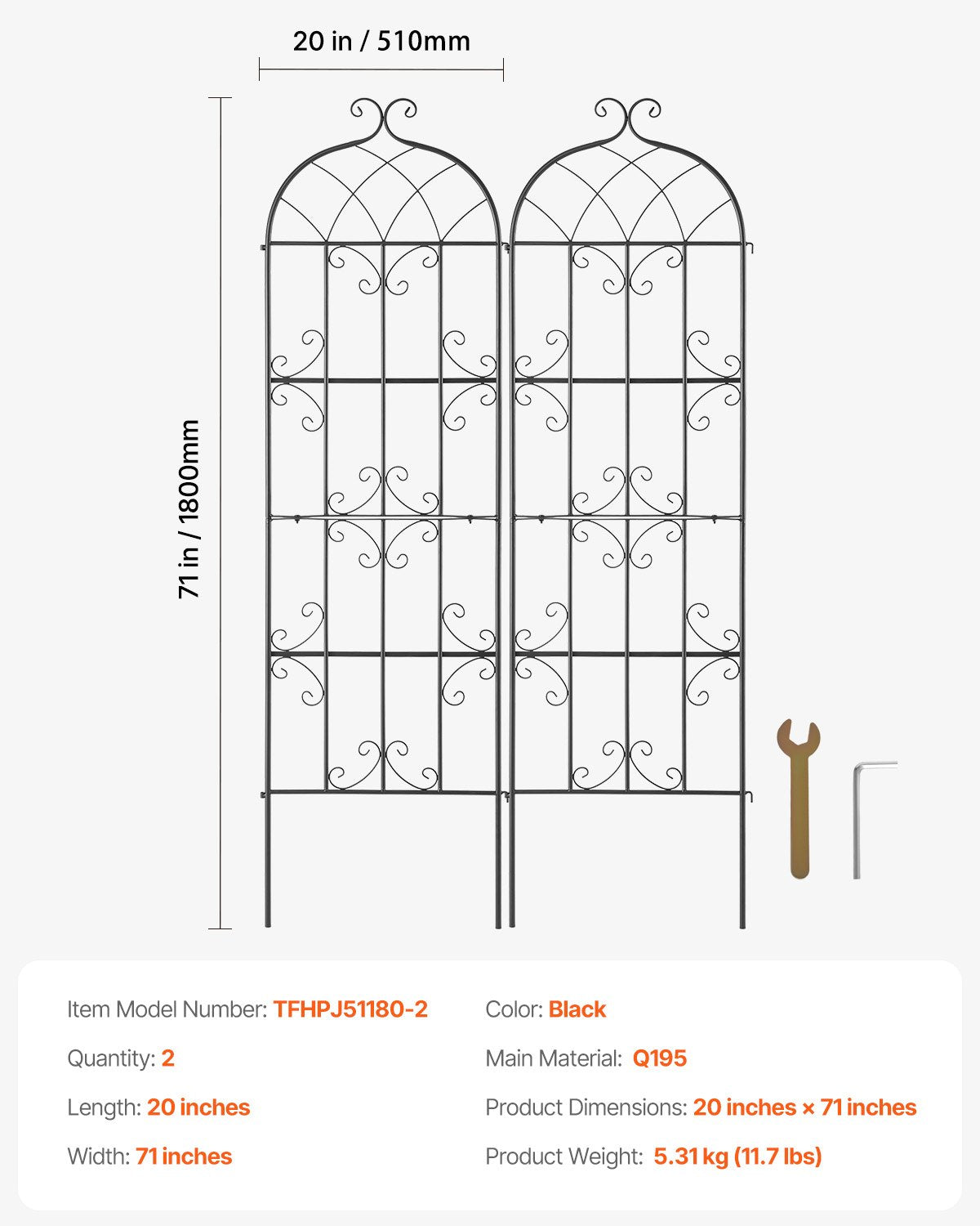 Garden Trellis for Climbing Plants, 71 x 20 in, 2 Packs Rustproof Metal Garden Flower Trellis, Outdoor Climbing Rose Trellis Cucumbers Support, Decorative Clematis Trellis for Courtyards Lawns
