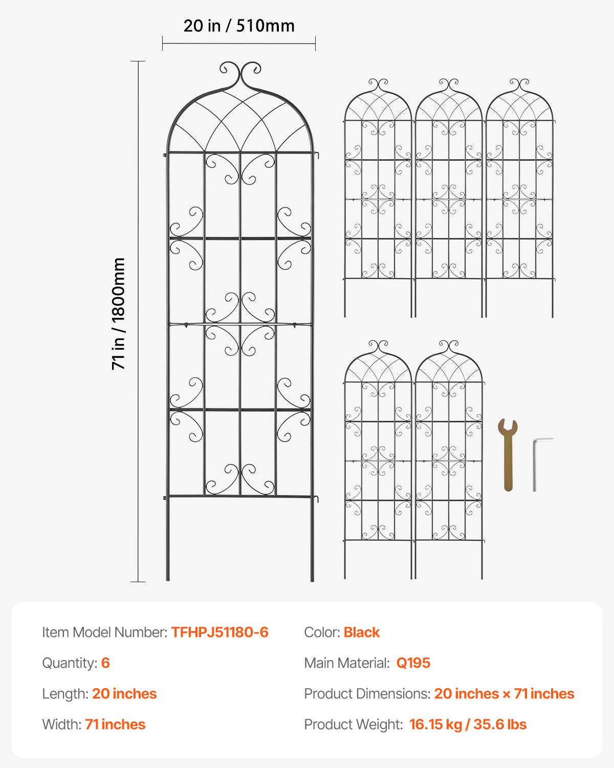 Garden Trellis for Climbing Plants, 71 x 20 in, 6 Packs Rustproof Metal Garden Flower Trellis, Outdoor Climbing Rose Trellis Cucumbers Support, Decorative Clematis Trellis for Courtyards Lawns