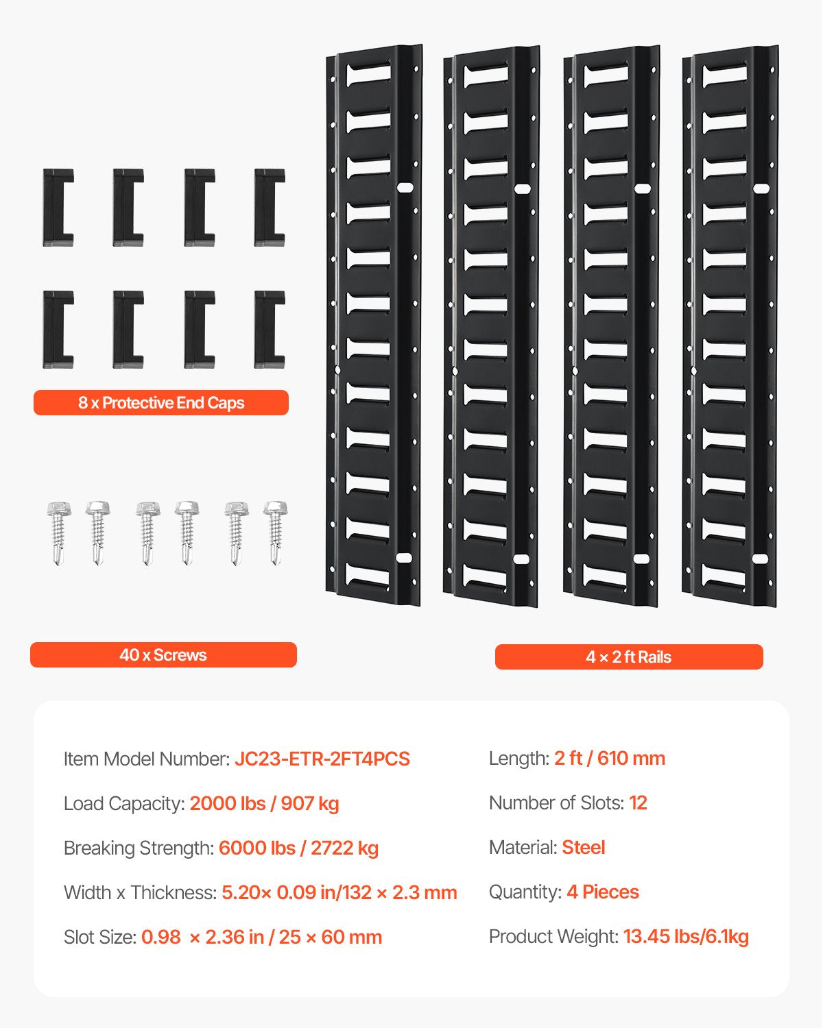 E Track Tie Down Rail Kit, 2' Steel Rails, 4 Pack, Secure Cargo & Heavy Loads Up to 2000 lbs, Heavy Duty Etrack Rails with Screws for Garages, Vans, Trailers, Motorcycle Tie Downs, ATV Mountings
