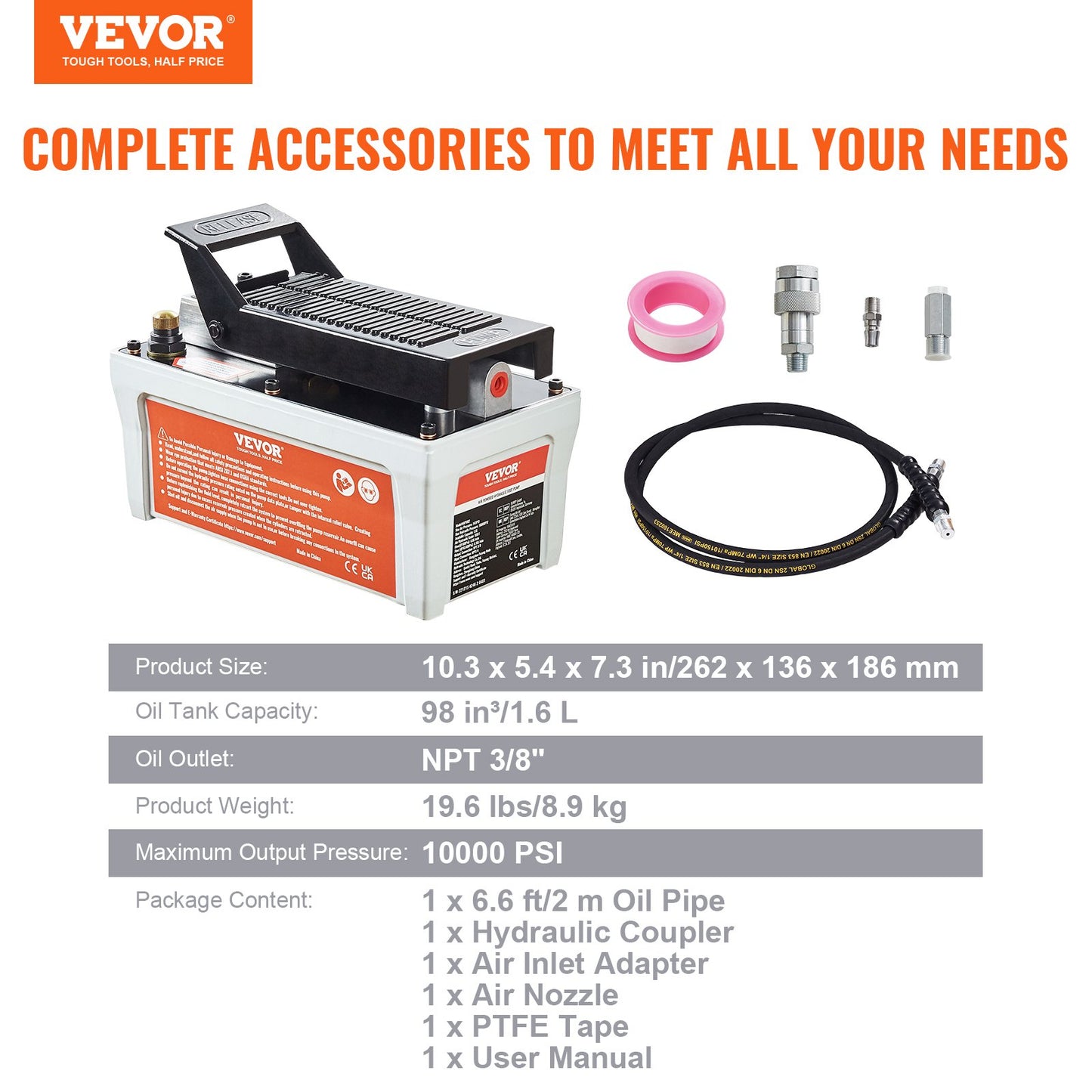 Air Hydraulic Pump, 10,000 PSI 1/2 Gal Reservoir, NPT 3/8" Oil Outlet, NPT 1/4" Inlet, 6.6 ft Pipe, Foot Actuated Hydraulic Pump Air Treadle for Auto Body Frame Machines and Pulling Post, Gray