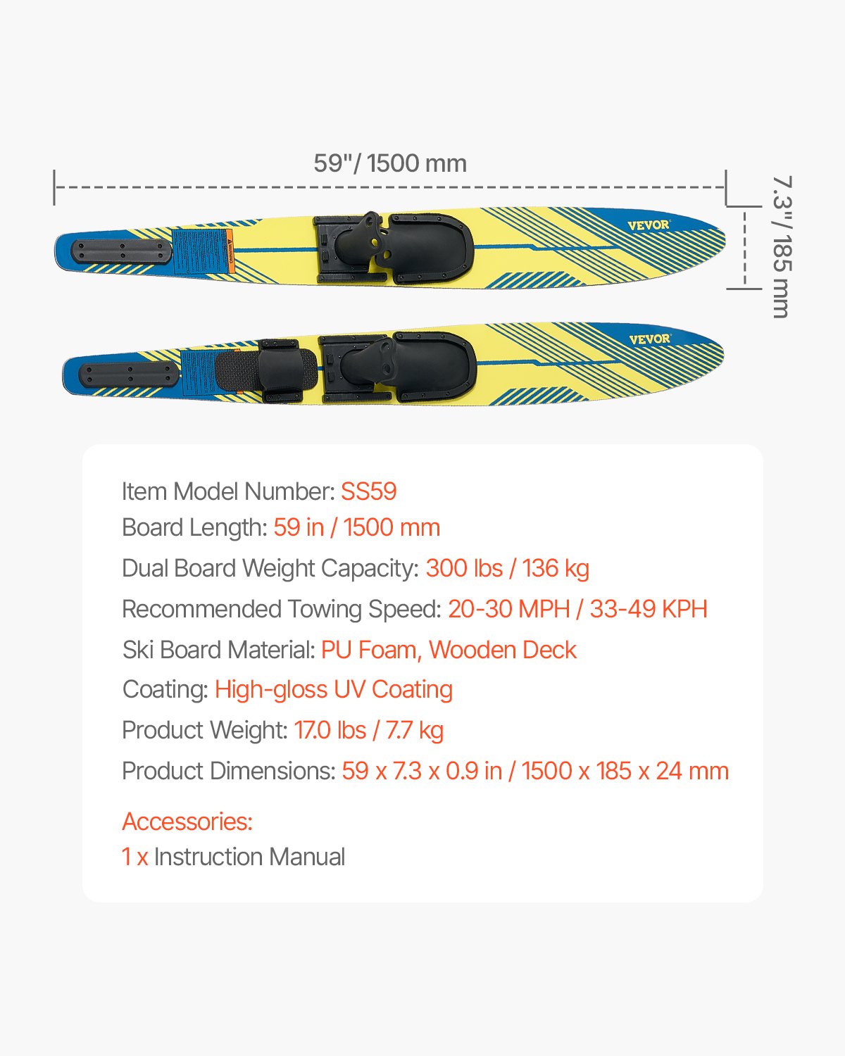 59" Water Skis, Adult Water Ski with X-7 Adjustable Horseshoe Bindings & Padded Rear Toe Plate, High-gloss UV Coating Waterskis Combo for Adults Up to 300 lbs