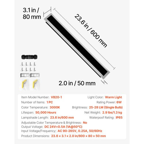 utomhusvägglampa, 600 mm, lång list modern vägglampa för utomhusbruk, 3000K varmvit, IP65 vattentät, rostfri väggmonterad belysning för uteplats, för hus, veranda, garage | EU