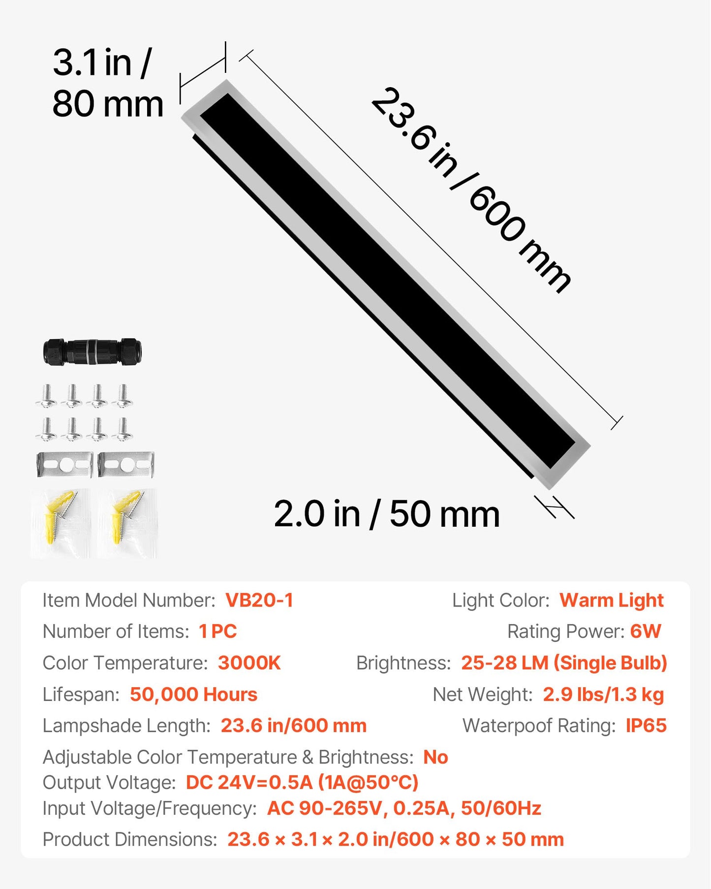 Outdoor Wall Light, 23.6 Inch, Long Strip Modern Exterior Wall Sconce Light Fixtures, 3000K Warm White, IP65 Waterproof, Anti-Rust Outside Patio Wall Mount Lighting, for House, Porch, Garage