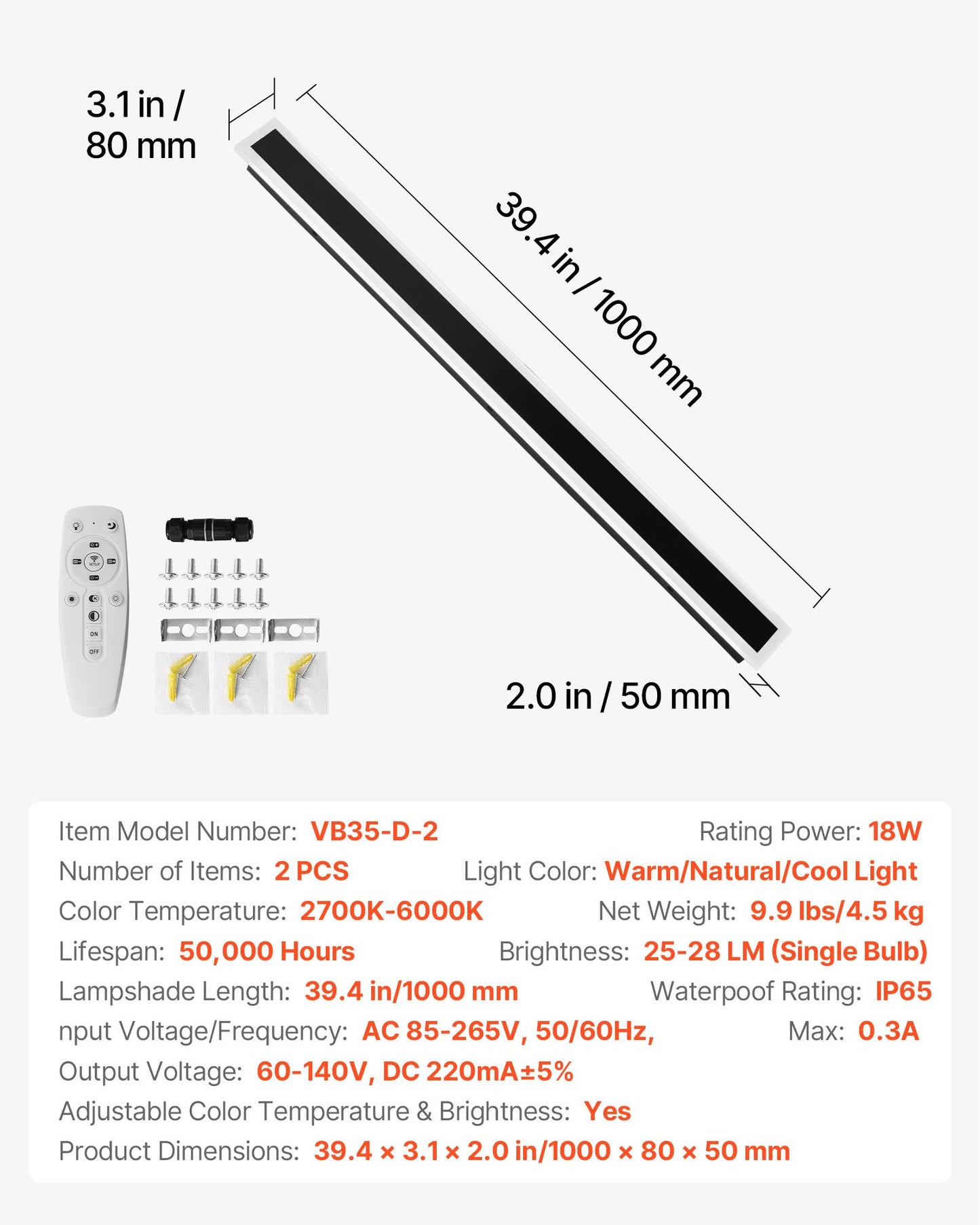 Outdoor Wall Lights, 2 Pack, 39.4 Inch Long Strip Modern Exterior Wall Sconce Light Fixtures, 2700K-6000K, IP65 Waterproof Anti-Rust, Dimmable Outside Wall Mount Lighting, for House Porch Garage