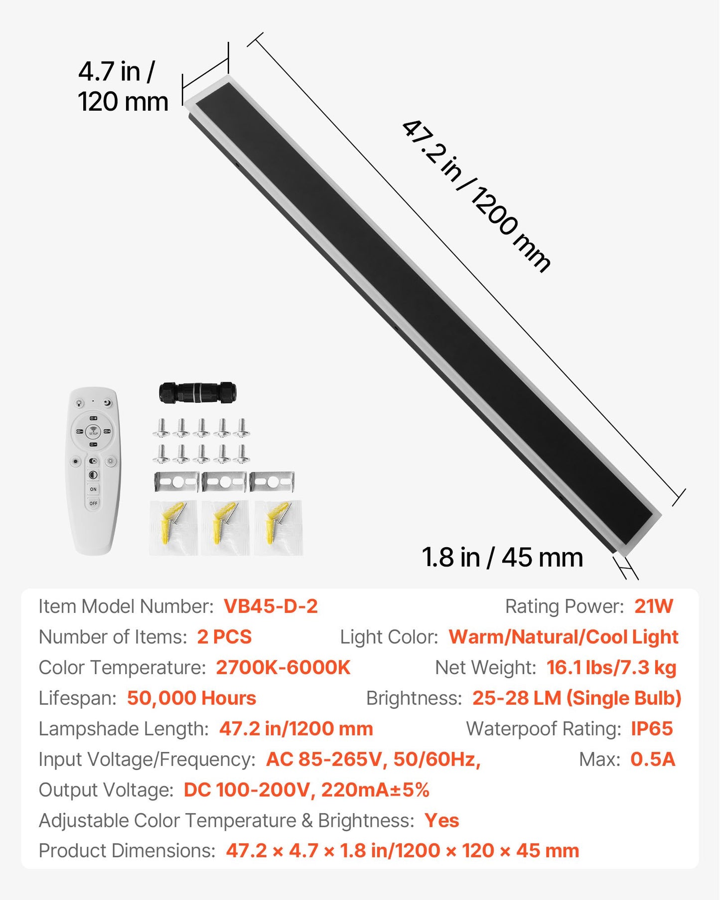 Outdoor Wall Lights, 2 Pack, 47.2 Inch Long Strip Modern Exterior Wall Sconce Light Fixtures, 2700K-6000K, IP65 Waterproof Anti-Rust, Dimmable Outside Wall Mount Lighting, for House Porch Garage