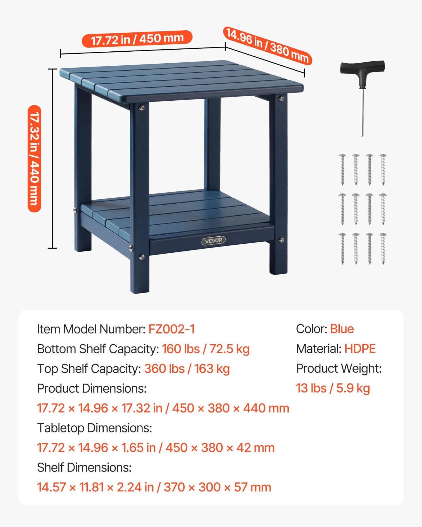 Outdoor Side Table, 17.72W x 14.96D x 17.32H Inch, Double Layer HDPE Outside End Table for Easy Maintenance, Withstand Harsh Weather, Fit for Patio, Pool, Beach, Porch, Indoor, Backyard, Blue