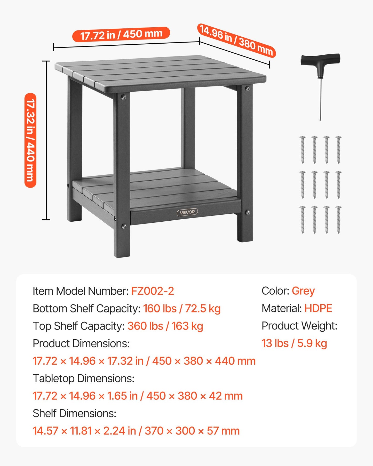 Outdoor Side Table, 17.72W x 14.96D x 17.32H Inch, Double Layer HDPE Outside End Table for Easy Maintenance, Withstand Harsh Weather, Fit for Patio, Pool, Beach, Porch, Indoor, Backyard, Grey
